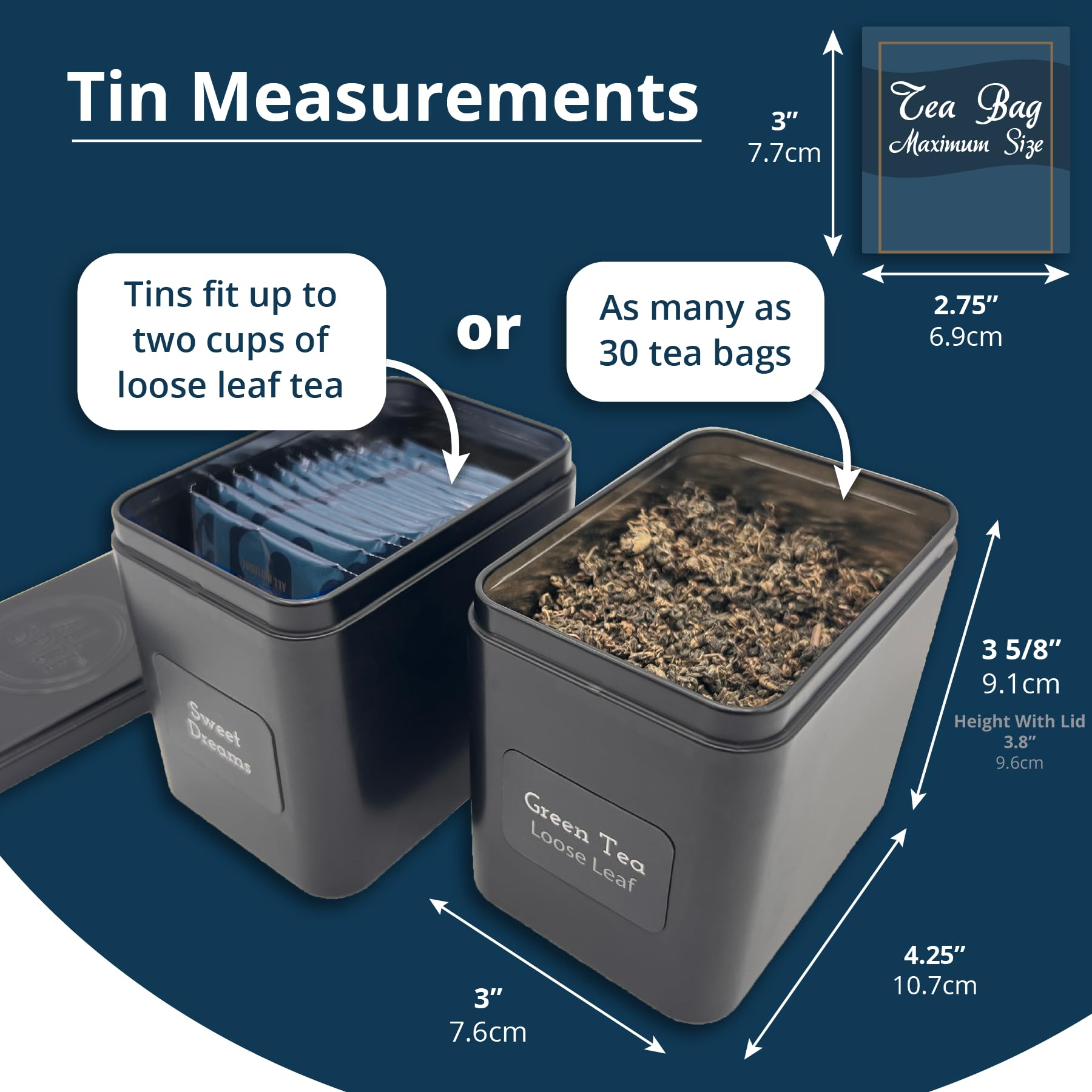 Premium AllSpice Tea Organizer Rack with 9 Airtight Tins & 160 Magnetic Labels - Perfect for Bagged & Loose Leaf Tea Storage - Black - Ideal for Kitchen Countertop & Pantry Organization