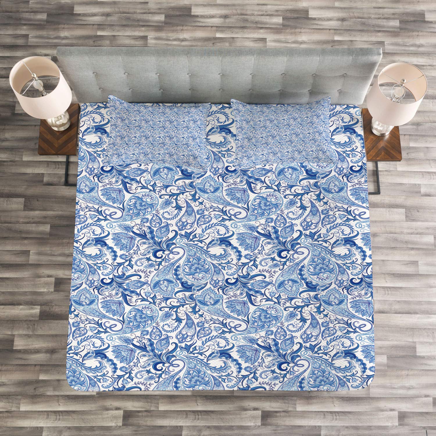 Ambesonne Paisley Bedspread Set - King Size Blue & White Nature Print Quilted Coverlet with 2 Pillow Shams | Native Pattern Decorative Bedding for Master Bedroom, Guest Room & Dorm Decor