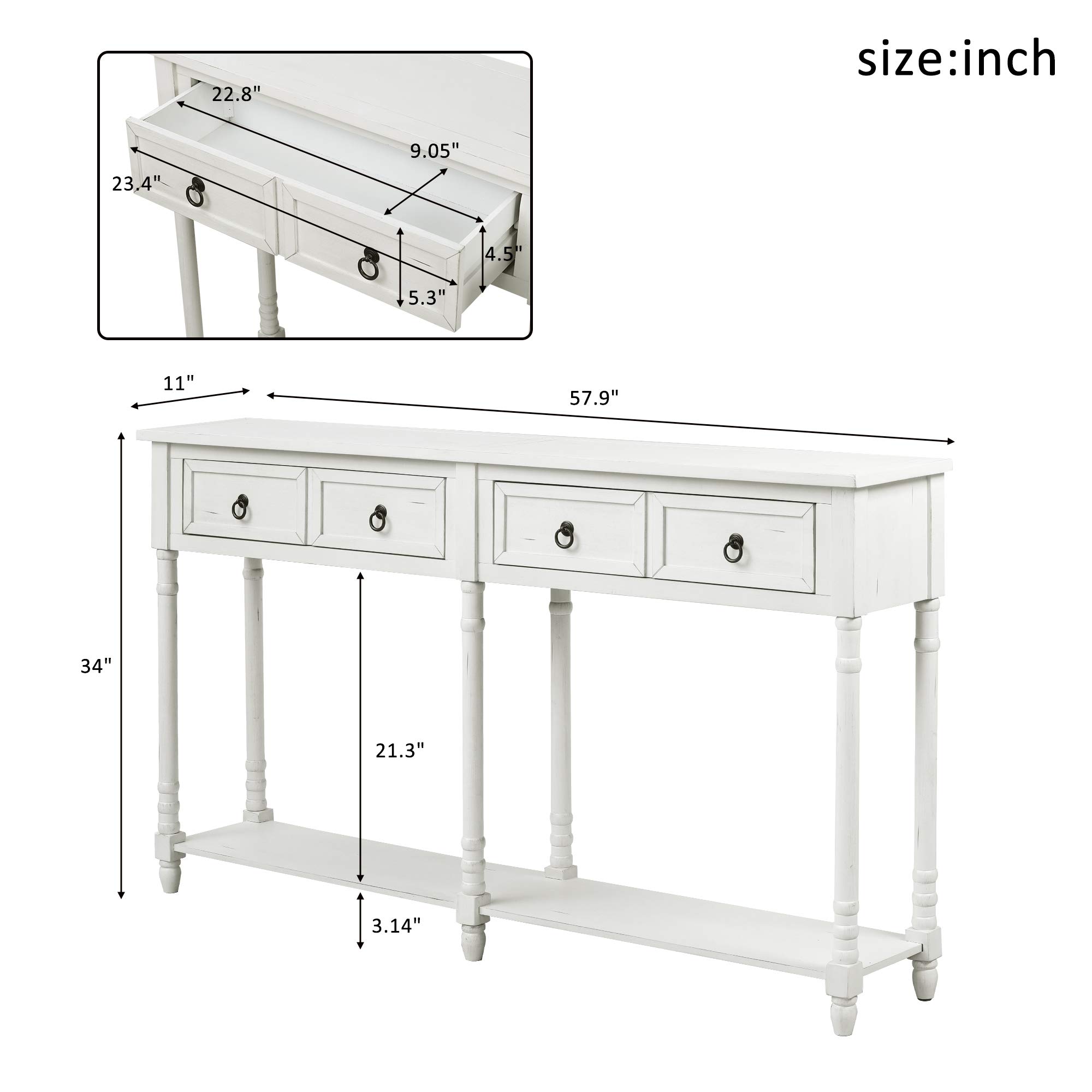 Solid Wood Console Table with Storage Drawers & Shelf - Antique White Sofa Table for Entryway, Living Room, Hallway - Perfect for Home Decor, Organizing Keys & Mail, Displaying Decor Items