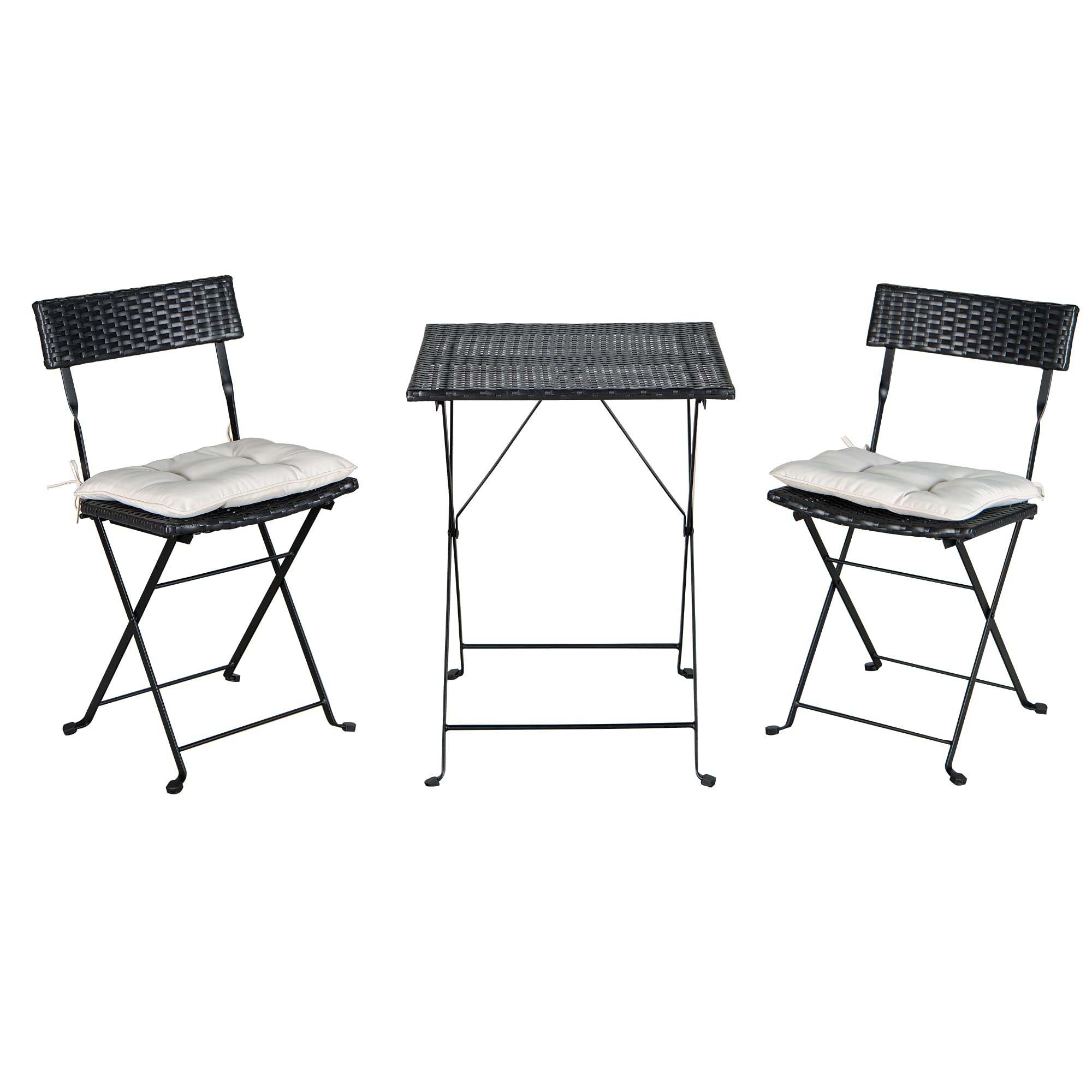 Outdoor Patio Black PE Wicker Folding Bistro Set - 1 Table & 2 Chairs with Beige Cushions | Perfect for Small Balcony, Garden, Deck or Poolside Dining