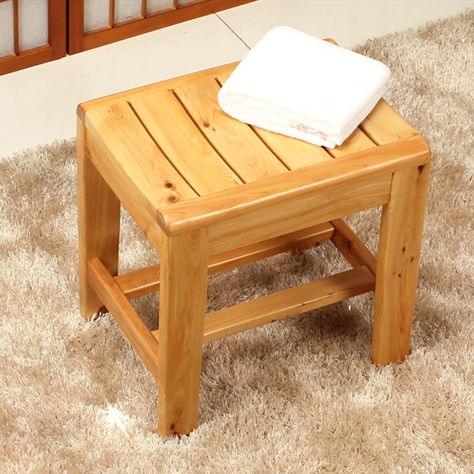 Premium Wooden Shower Stool with Storage Shelf - Non-Slip Bath Seat for Elderly & Adults | Spa, Sauna & Bathroom Essential for Shampoo, Towel & Shoe Organization (Ideal for Seniors, Disabled & Home Relaxation)