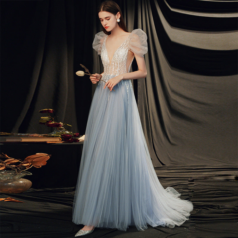 Elegant Beaded V-Neck Formal Evening Gown | Short Sleeve Long Prom Dress for Women | Perfect for Homecoming, Wedding Guest & Special Occasions
