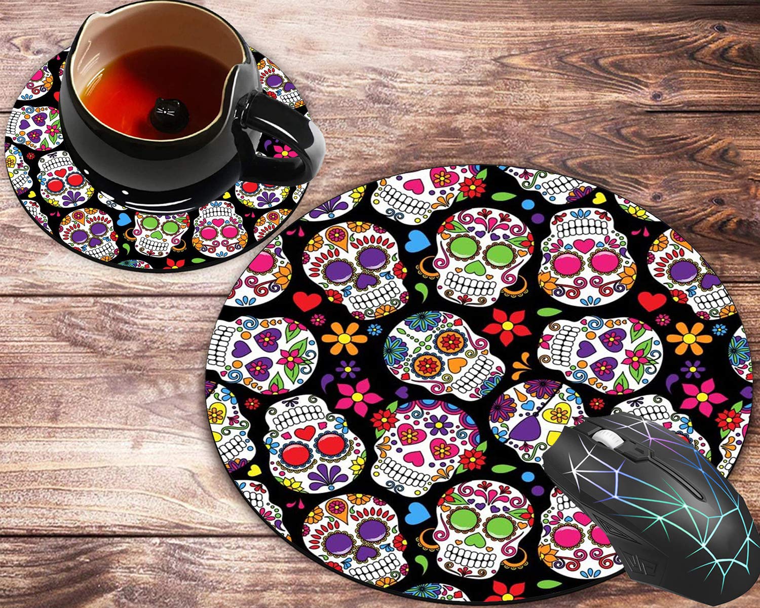 Vintage Sugar Skull Round Mouse Pad and Coasters Set - Colorful Day of The Dead Non-Slip Rubber Mousepad for Office Work & Gaming - Perfect for Halloween Decor, Home Office Setup, and Gift Giving