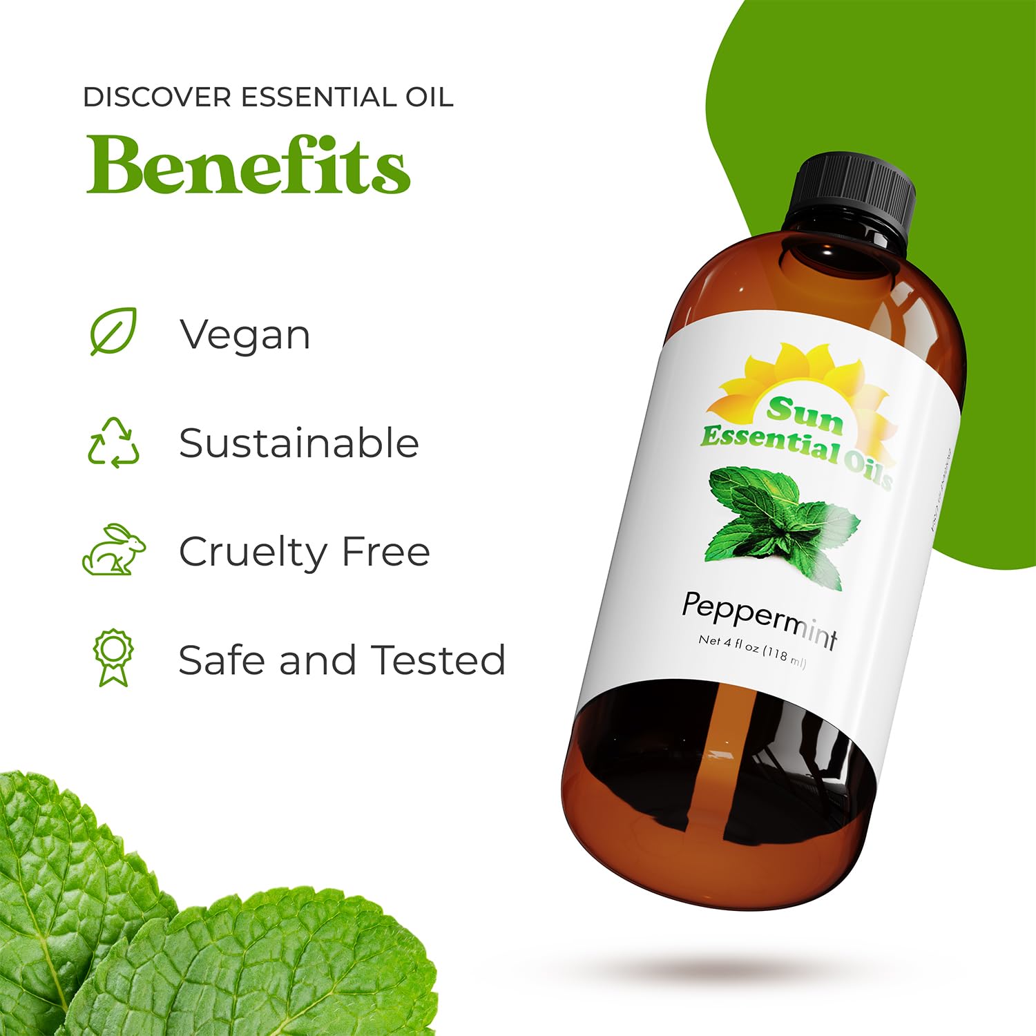 Sun Essential Oils Peppermint 4oz Bottle - 100% Pure Therapeutic Grade Peppermint Essential Oil for Diffusers, Humidifiers, Aromatherapy, Massage & Skin Care | Perfect for Relaxation, Stress Relief & Home Fragrance
