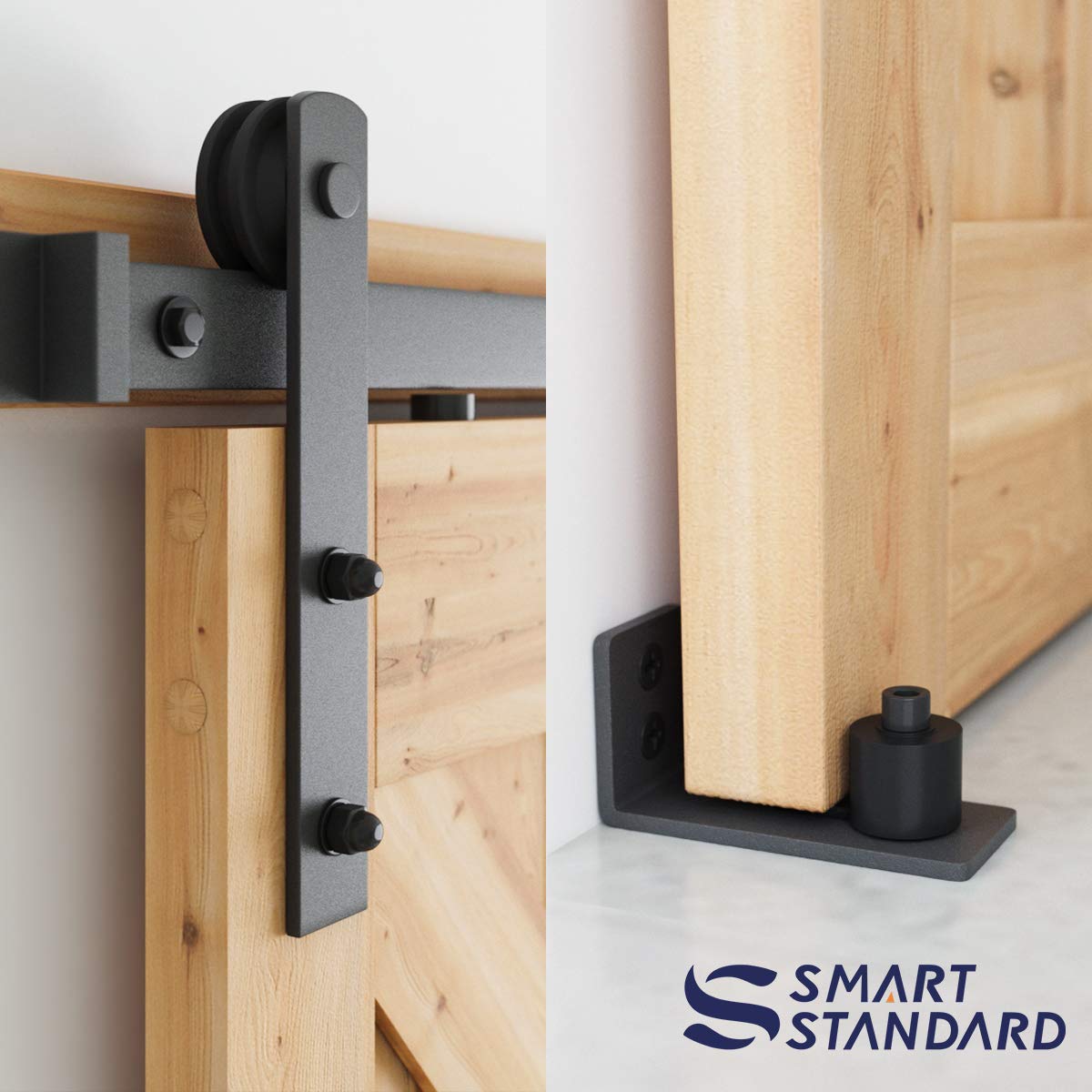 SMARTSTANDARD 8 FT Heavy Duty Sliding Barn Door Hardware Kit - Black, Complete Set with Pull Handle & Floor Guide for 42