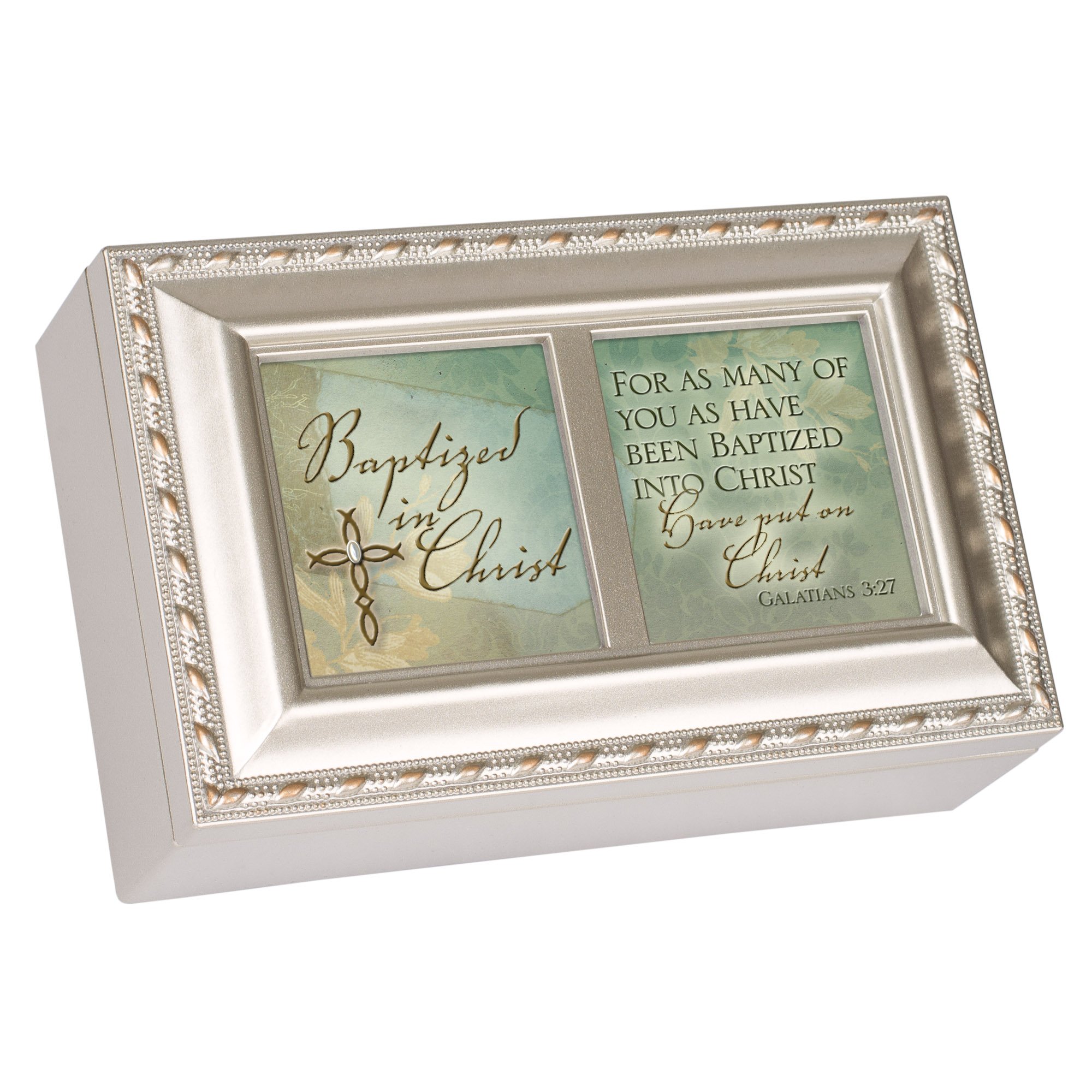 Baptized in Christ Champagne Silver Petite Music Jewelry Box - Plays Amazing Grace Hymn | Perfect for Christian Gifts, Baptism Favors & Home Decor