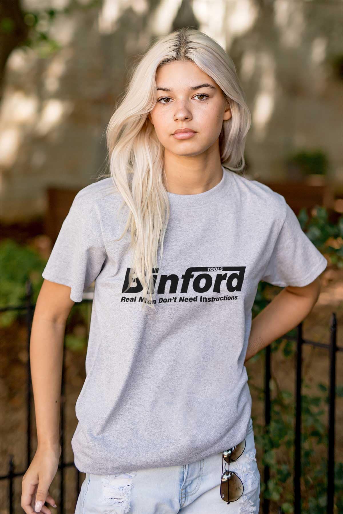 Binford Tools Real Men No Instruction Graphic T-Shirt for Men & Women - Funny Construction Workwear for Builders, DIY Enthusiasts & Gift Ideas