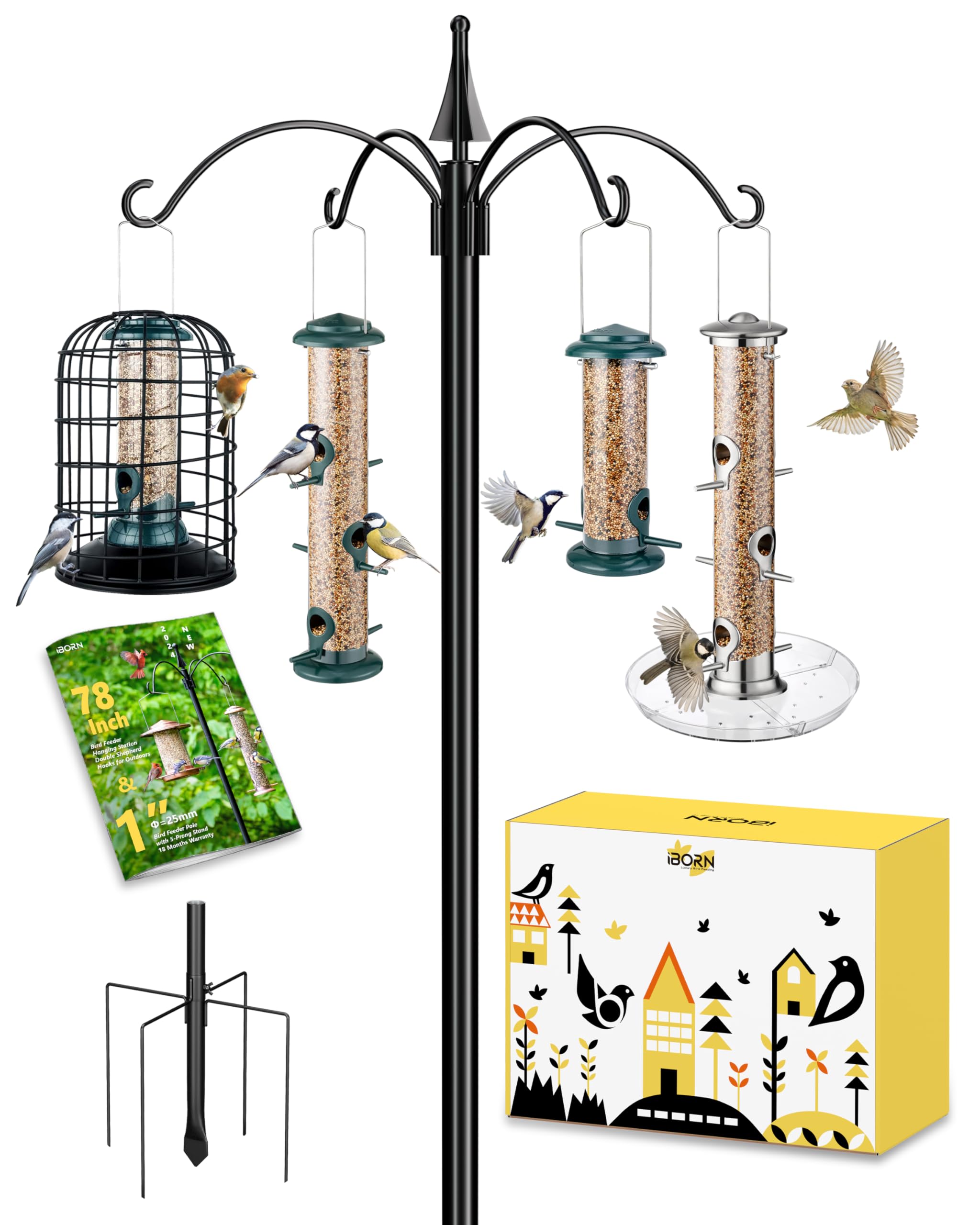 iBorn 87Inch Heavy Duty Hanging Bird Feeder Station Stand - 1 Inch Thick Pole with 4 Hooks & 5-Prong Stabilizer for Wild Birds (Bird Feeders Not Included) - Perfect for Backyard, Garden, and Outdoor Bird Watching