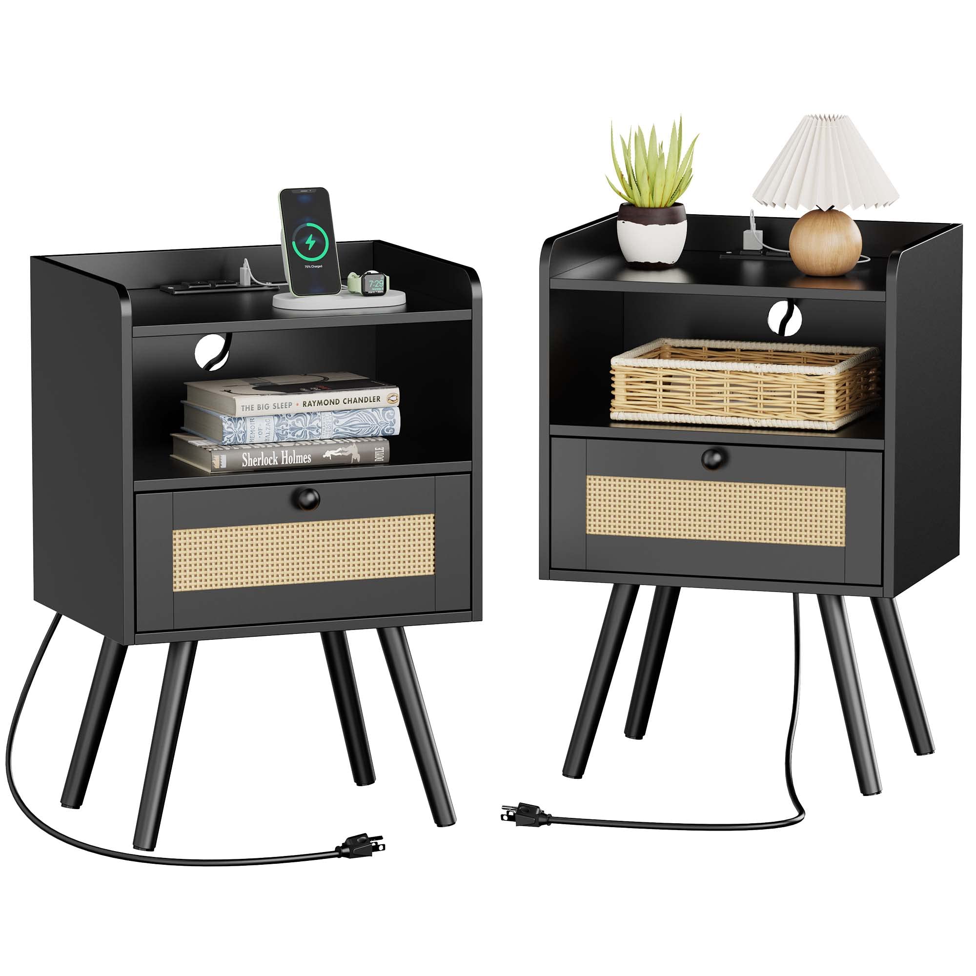 SUPERJARE Nightstand Set of 2 with USB Charging Station & PE Rattan Drawers - Modern Bedside Tables with Storage, Solid Wood Legs - Perfect for Bedroom, Living Room, or Guest Room - Black End Tables for Phone Charging & Home Decor