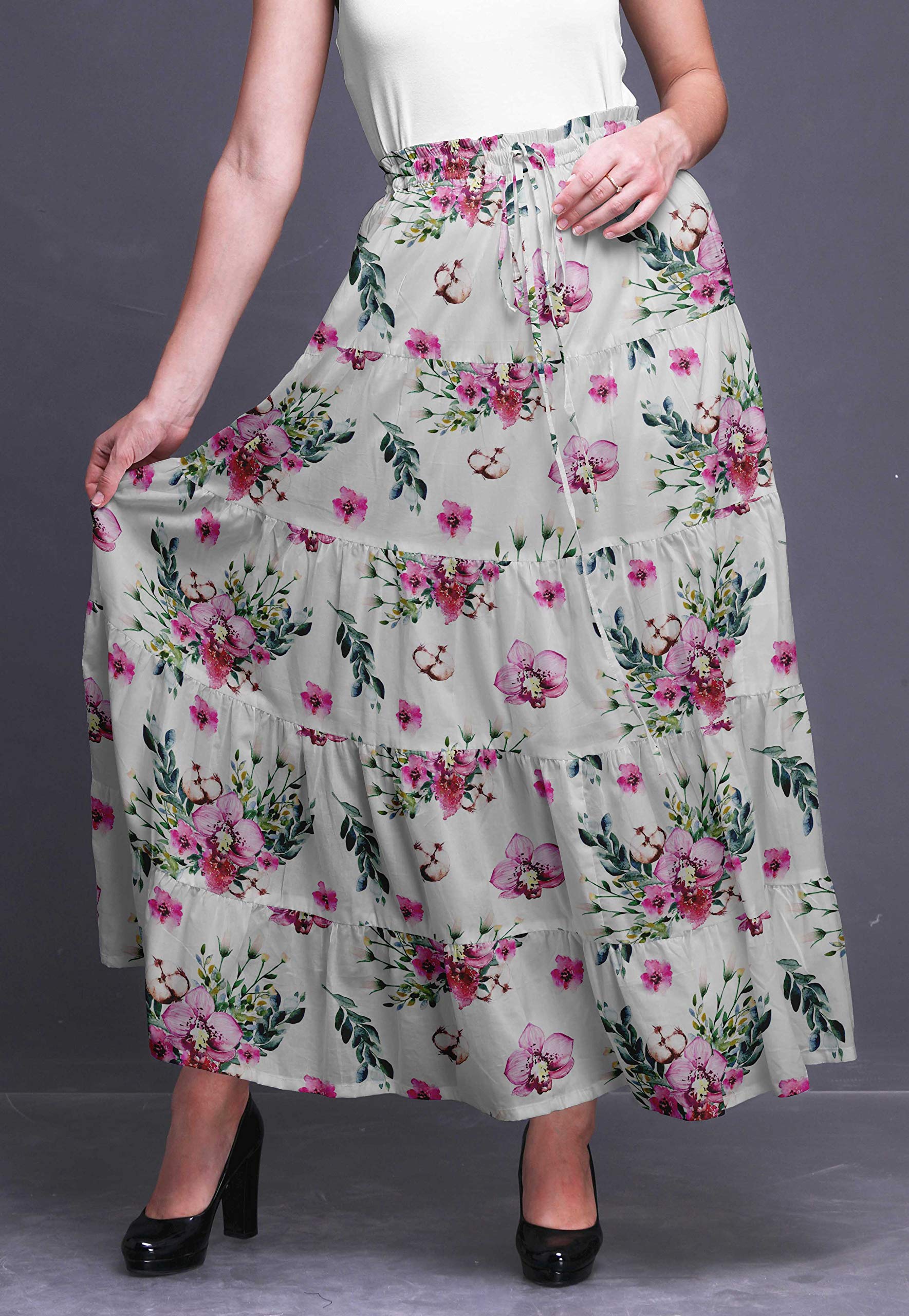 Boho Printed Maxi Skirts for Women - 5-Tier Long Cotton Skirt with Floral Design - Perfect for Beach, Festival & Summer Outfits