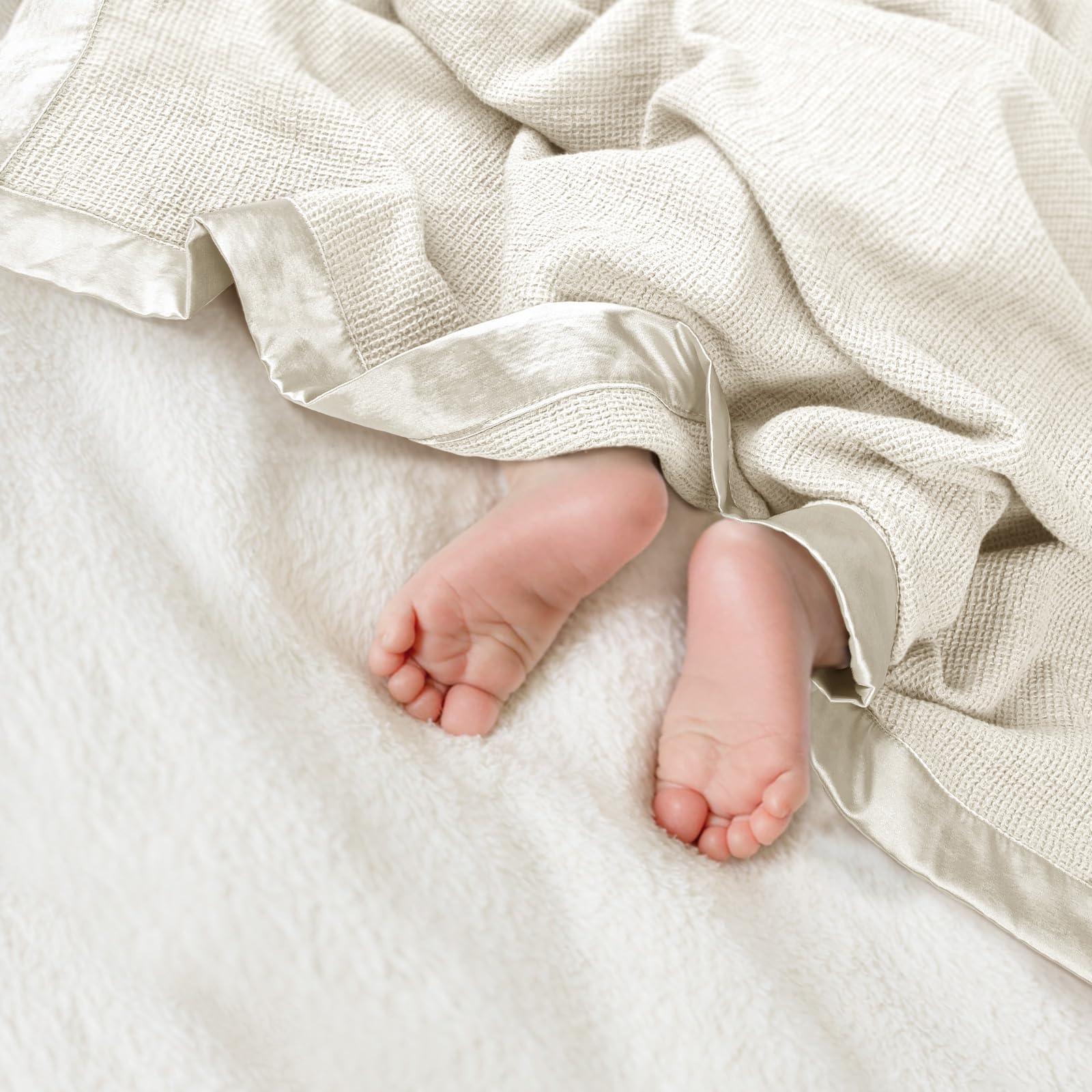 Soft Cotton Waffle Baby Swaddle Blanket with Satin Trim - Breathable Nursing Cover & Crib Blanket for Newborns & Toddlers - Perfect for Naptime, Swaddling & Baby Shower Gifts (Cream)