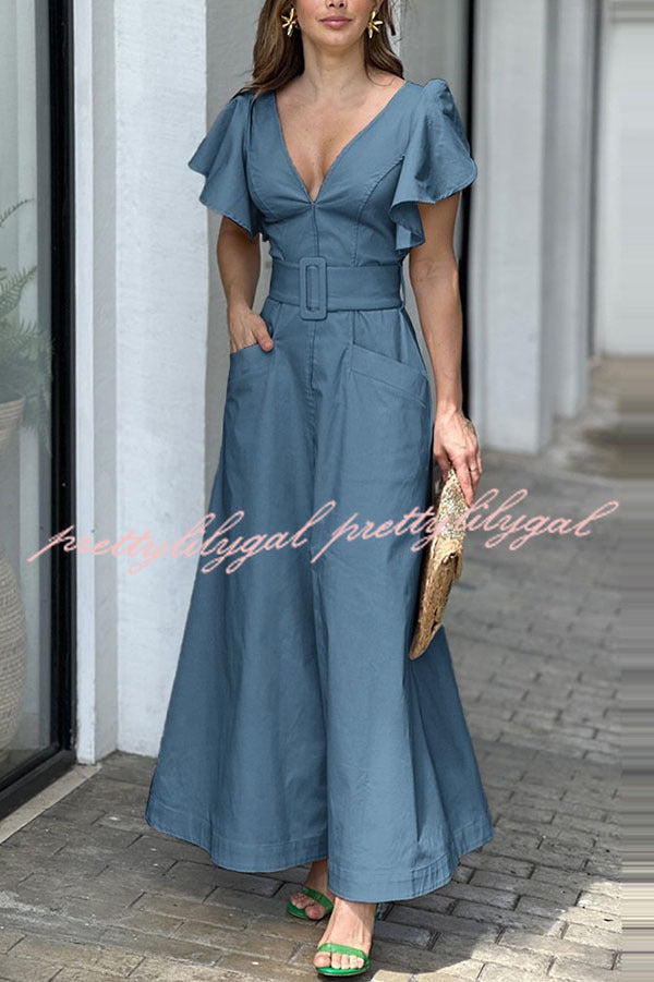 Elegant Solid Color Ruffle Sleeve V-Neck High Waist Maxi Dress with Pockets | Women's Summer Beach Wedding Party Dress | Perfect for Vacation, Date Night & Special Occasions