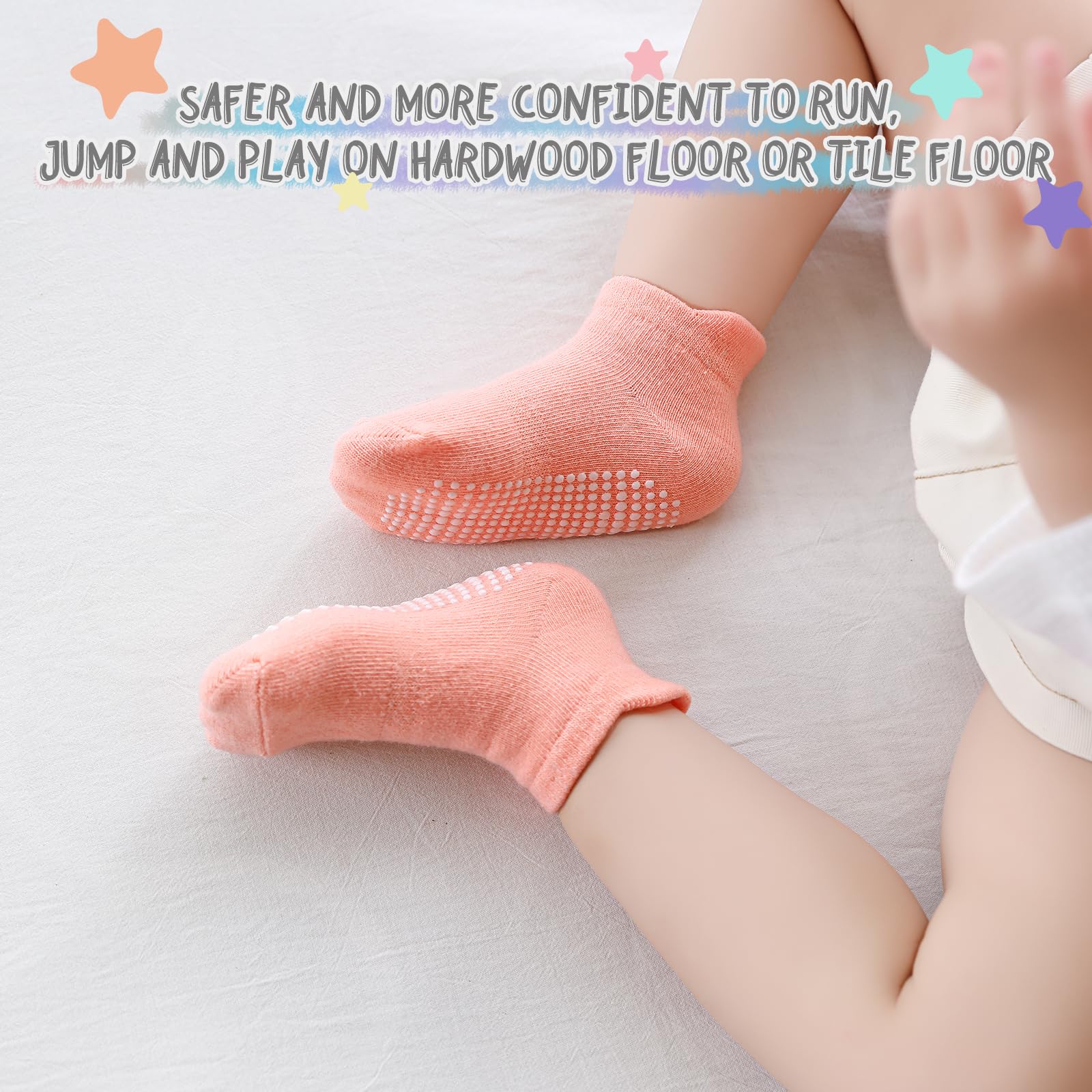 Non-Slip Baby Socks with Grips - 12 Pack Cotton Ankle Socks for Boys & Girls - Cute Toddler Socks for Newborns to 2 Years - Perfect for Playtime, Daycare and First Steps