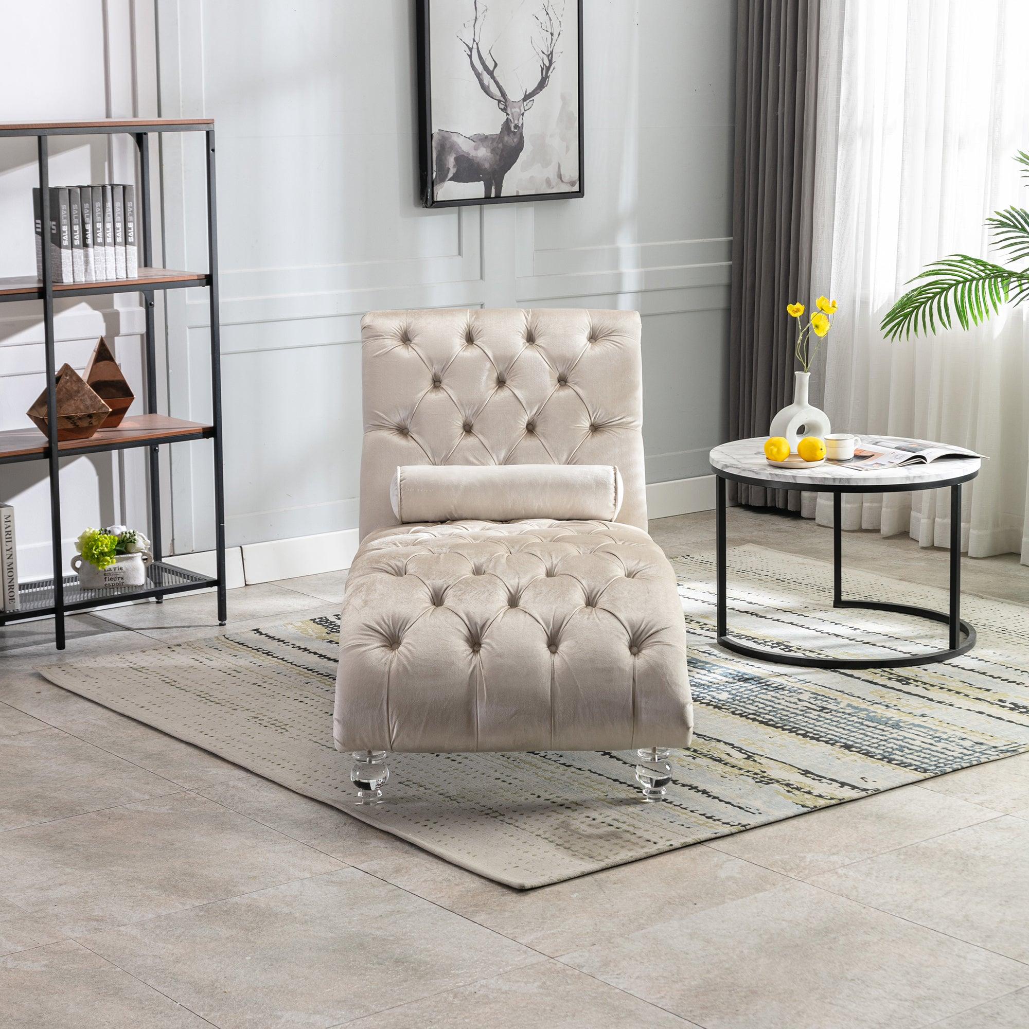Luxury Velvet Chaise Lounge Chair - Button Tufted Upholstered Sofa with Pillow for Bedroom, Living Room & Office - Elegant Beige Velvet - Perfect for Relaxing, Reading & Home Decor