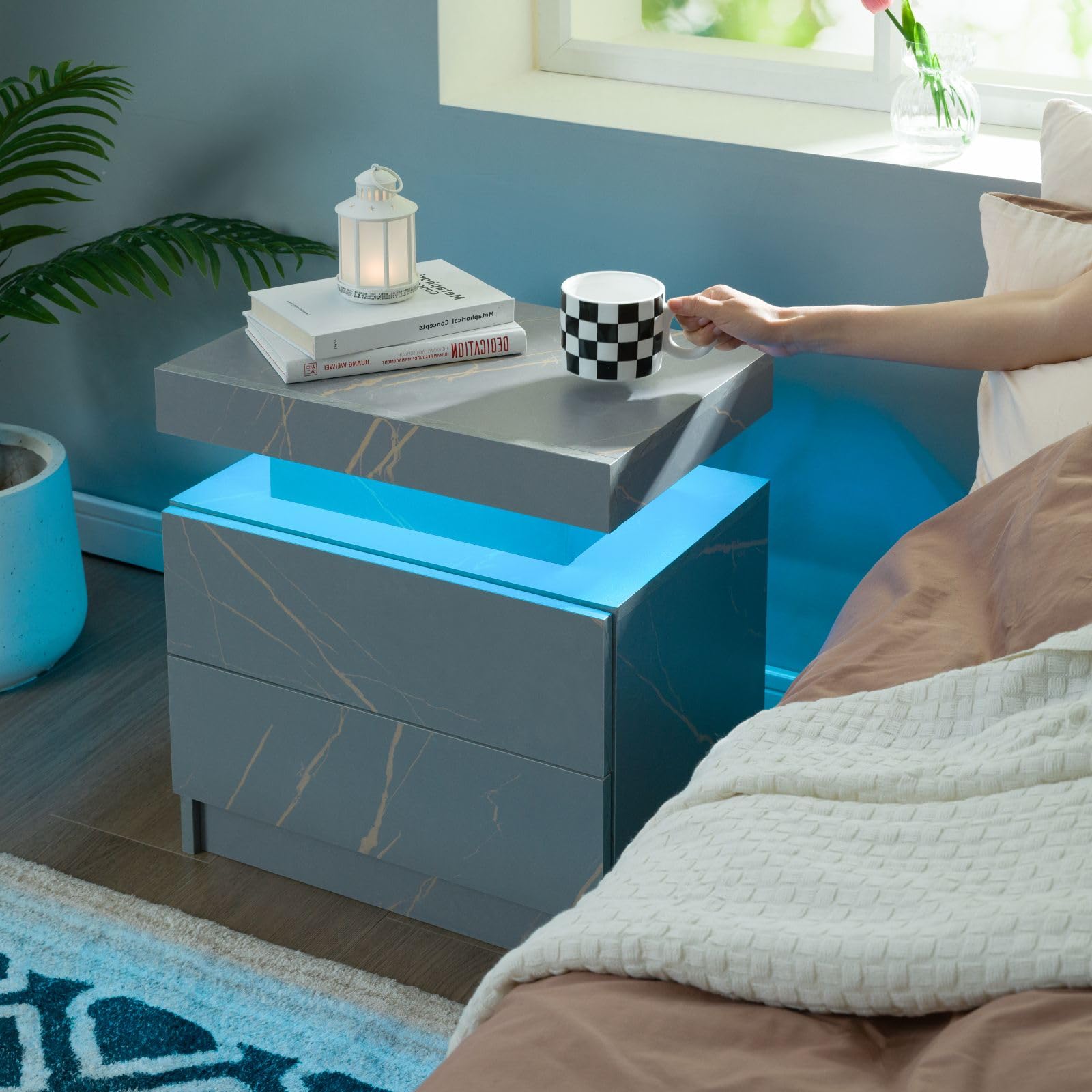 2 Drawer LED Nightstand Set of 2 - Modern Bedside Table with Soft Glow Lighting for Bedroom, Living Room or Dorm - Wooden End Table with Storage Space & USB Charging Ports