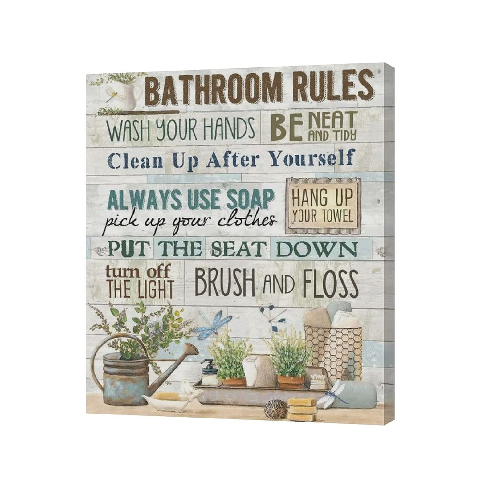 Rustic Bathroom Rules Canvas Wall Art - Farmhouse Decor with Wood Background, Framed Bath & Laundry Room Sign for Home Decor | Perfect for Bathroom, Powder Room & Guest House Decorations
