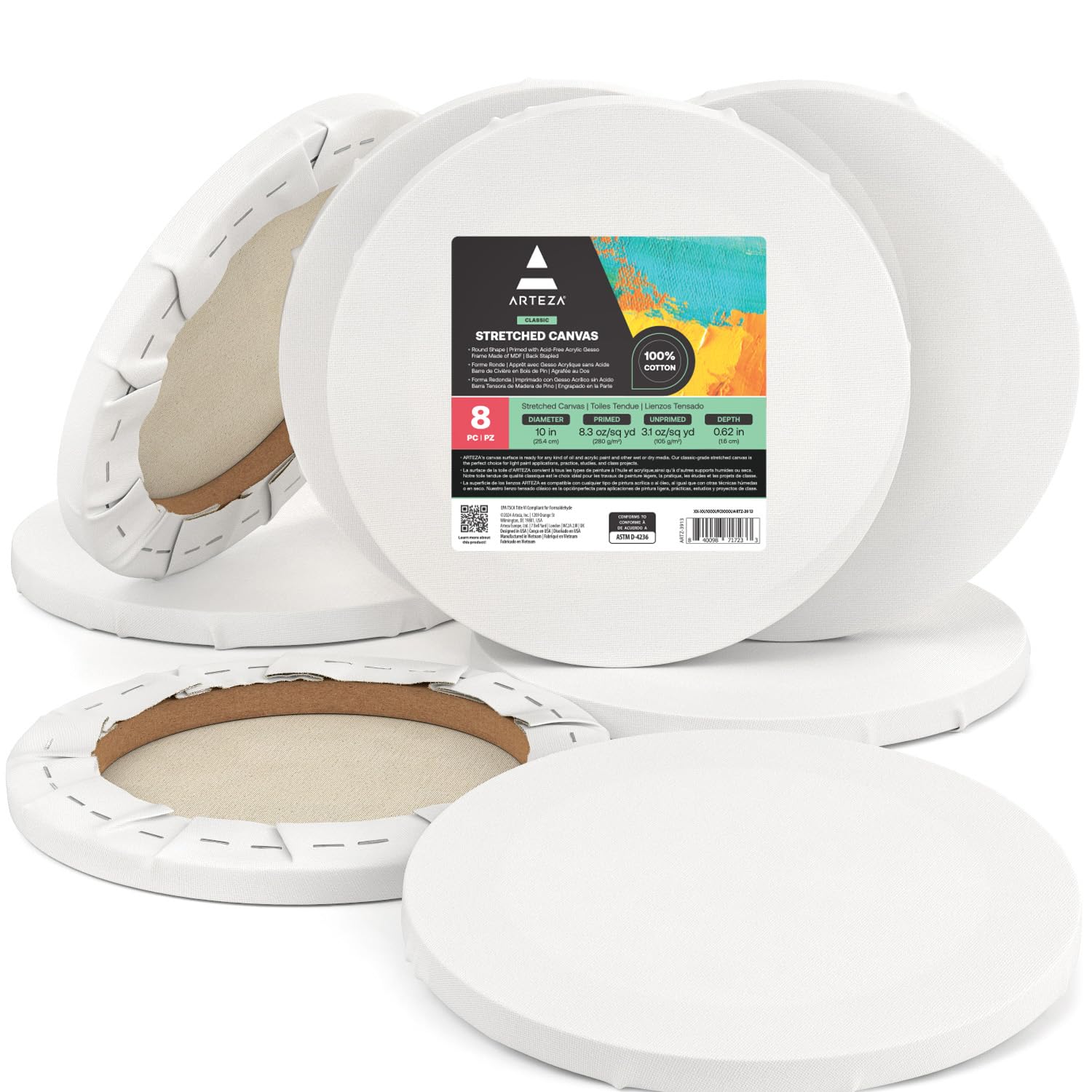 ARTEZA 10 Inch Round Stretched Canvas - Pack of 8 Blank White Painting Panels for Acrylic, Oil & Gouache - Perfect for Artists, Beginners & Home Decor (Wall Art, DIY Projects, Studio Work)
