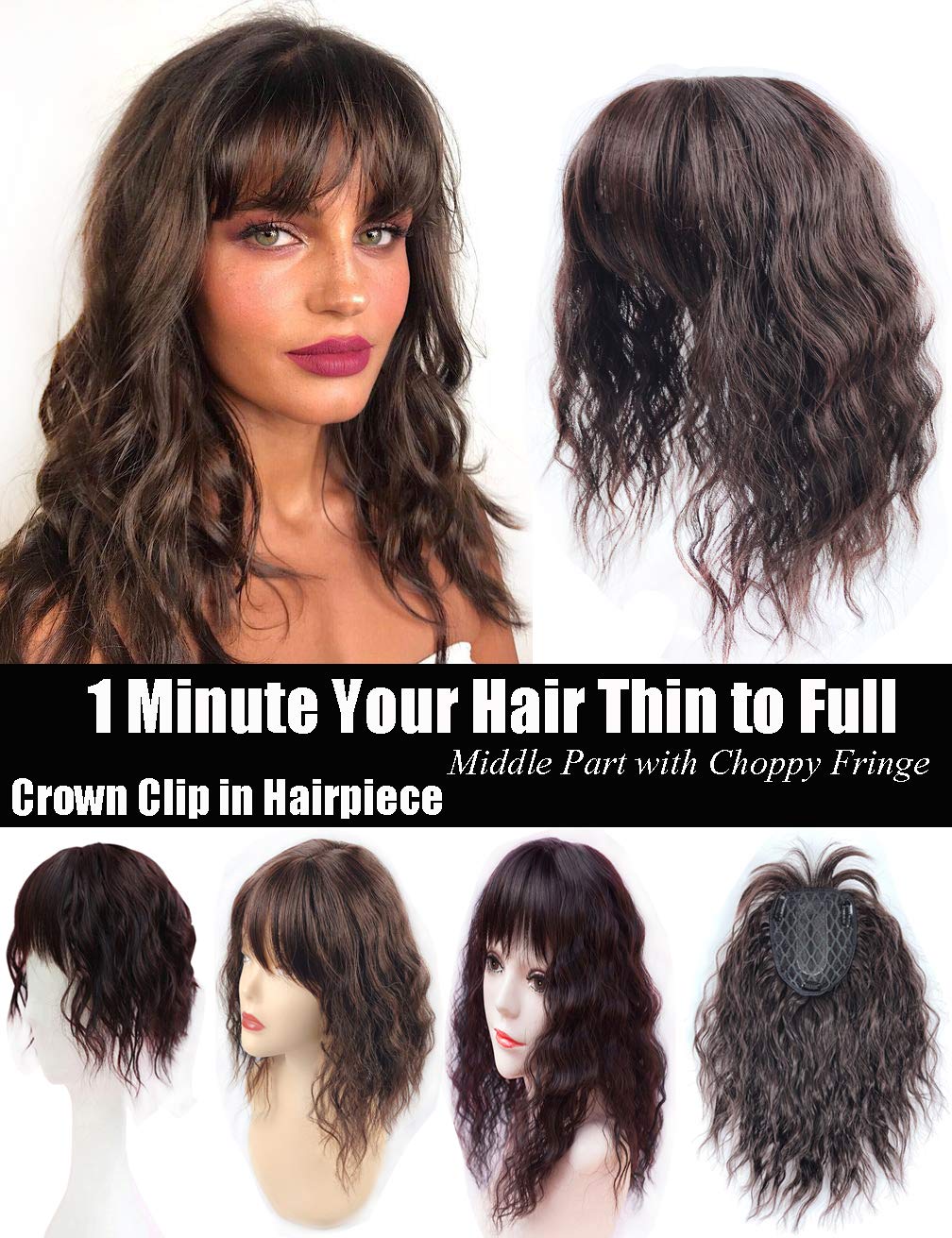 Clip-In Water Wavy Hair Topper with Choppy Fringe - 35cm Thick Middle Part Crown Piece (Black) | Perfect for Hair Loss, Thinning Hair & Instant Volume | Great for Daily Wear, Parties & Special Occasions