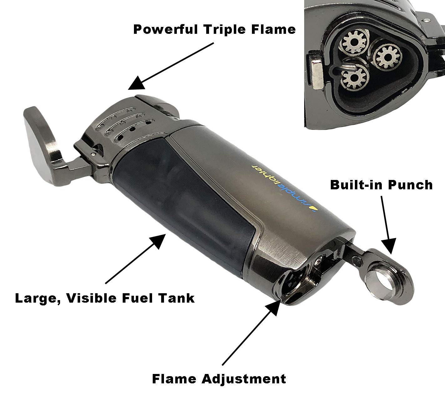 Refillable Butane Triple Torch Lighter - All Metal Body with Gift Box for Cigars & Outdoor Use