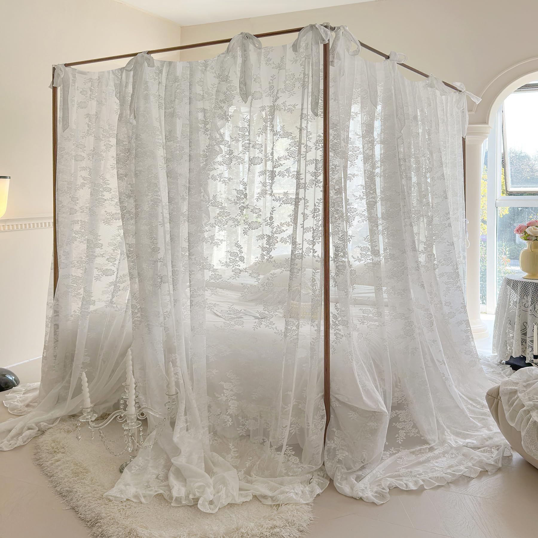 Elegant White Sheer Canopy Bed Curtains with Tie Backs - Bedroom Decor Drapes for Queen/King Size Beds | Perfect for Romantic Bedroom Makeover, Wedding Decor & Boho Chic Style
