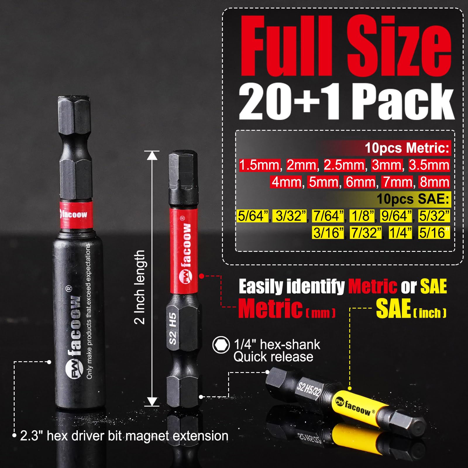 Premium Hex Bit Set - S2 Alloy Steel Magnetic Allen Wrench Drill Bits with 1/4