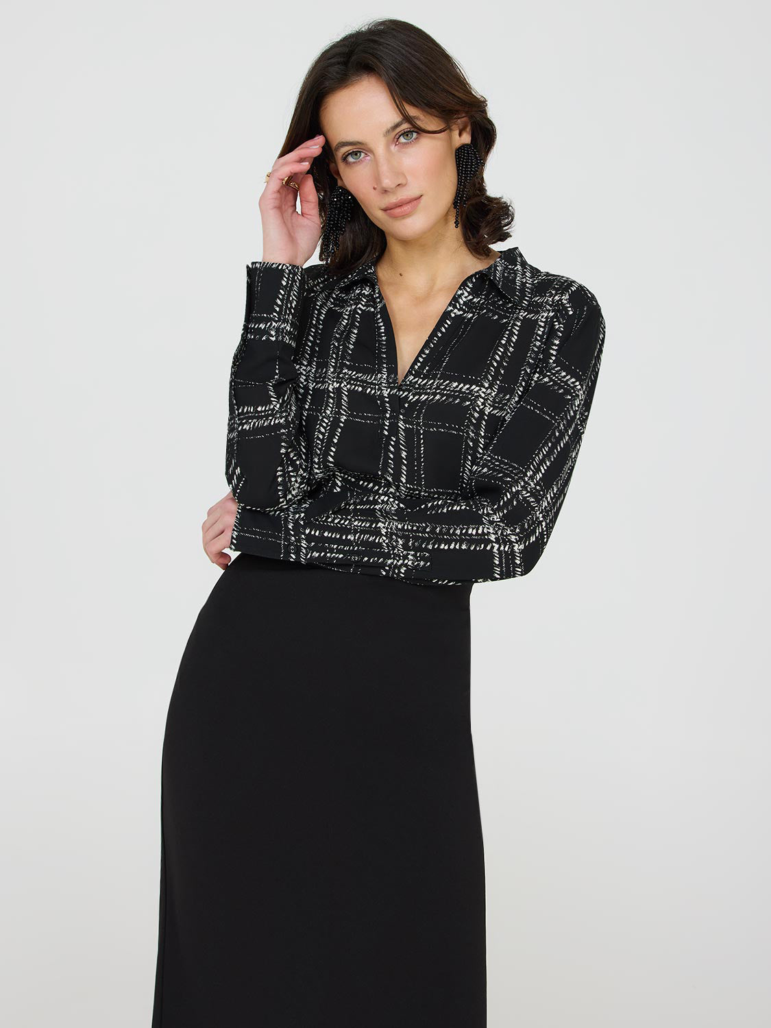 Stylish Satin Plaid Johnny Collar Popover Blouse for Women - Elegant Office Wear & Casual Outfits