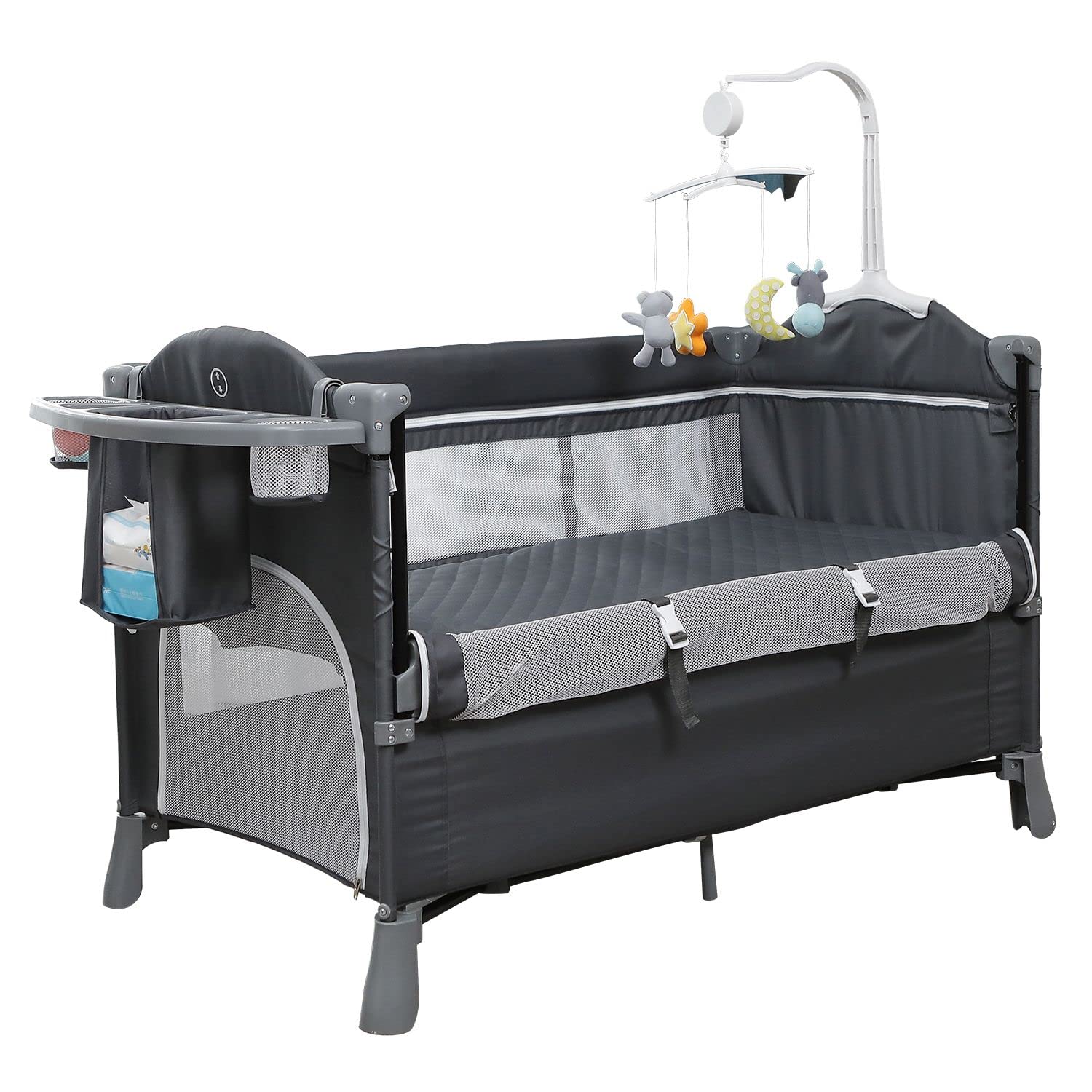 FAMAPY 5-in-1 Baby Bassinet with Changing Table, Storage & Wheels - Portable Crib with Music, Night Light & Bedside Sleeper for Newborns - Grey (49.6”W x 27.6”D x 29.9”H) - Perfect for Nursery, Bedroom & Travel