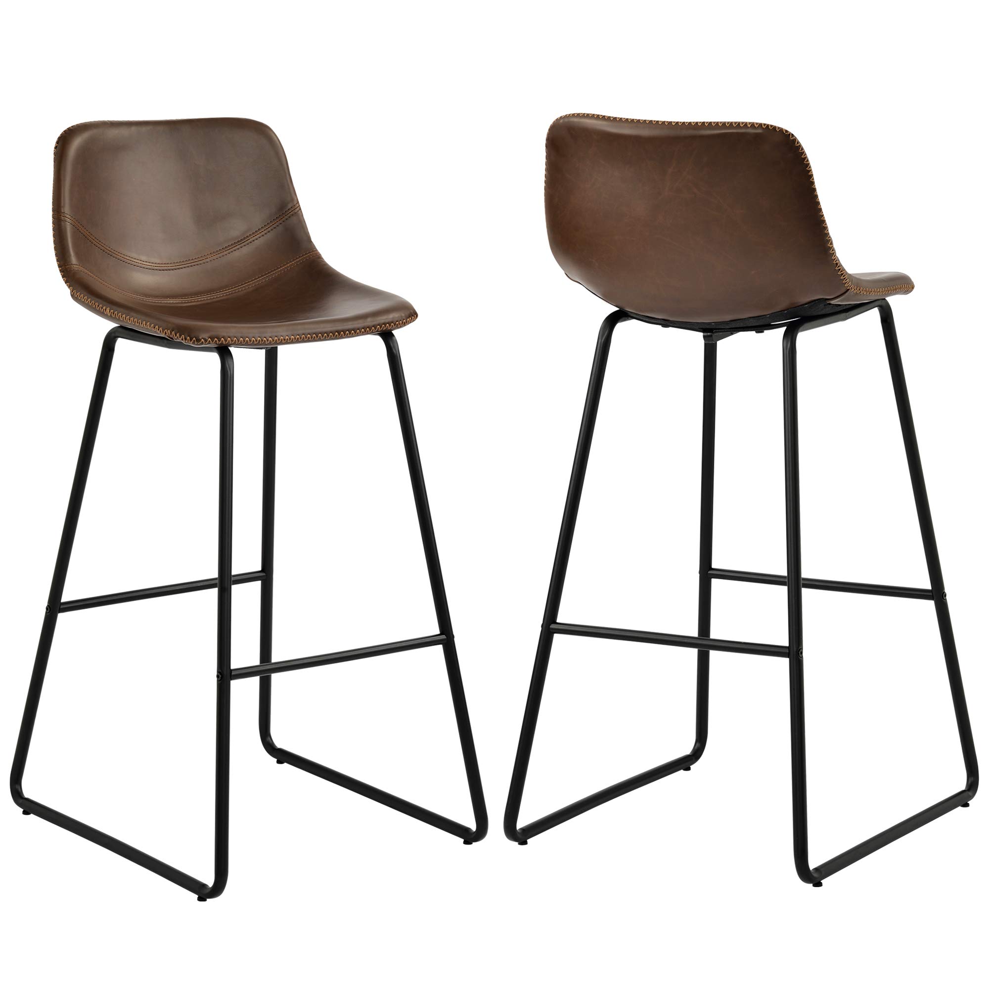 Vintage Leather Low Back Footrest Bar Stools Set of 2 - Light Brown Dining Chairs for Kitchen Island, Breakfast Nook & Home Bar