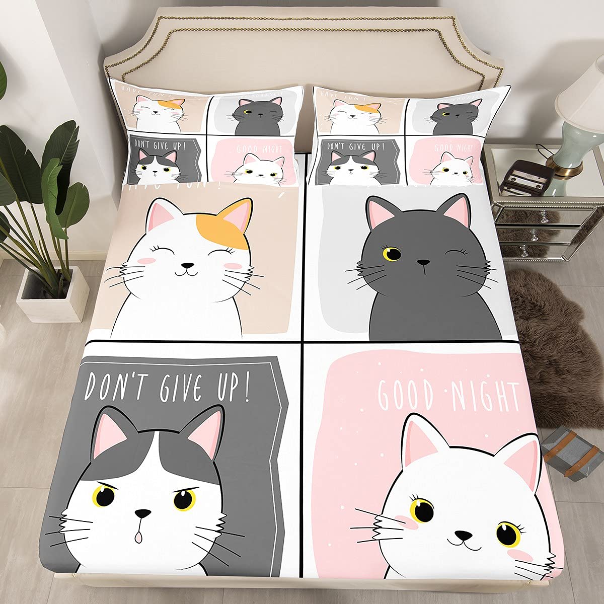 Erosebridal Kawaii Cats Twin Size Bed Sheet Set - Pink & Grey Cute Cat Print Bedding for Kids, Boys & Girls - Includes Fitted Sheet, Flat Sheet & Pillowcase - Perfect for Children's Bedrooms, Sleepovers & Gift Giving