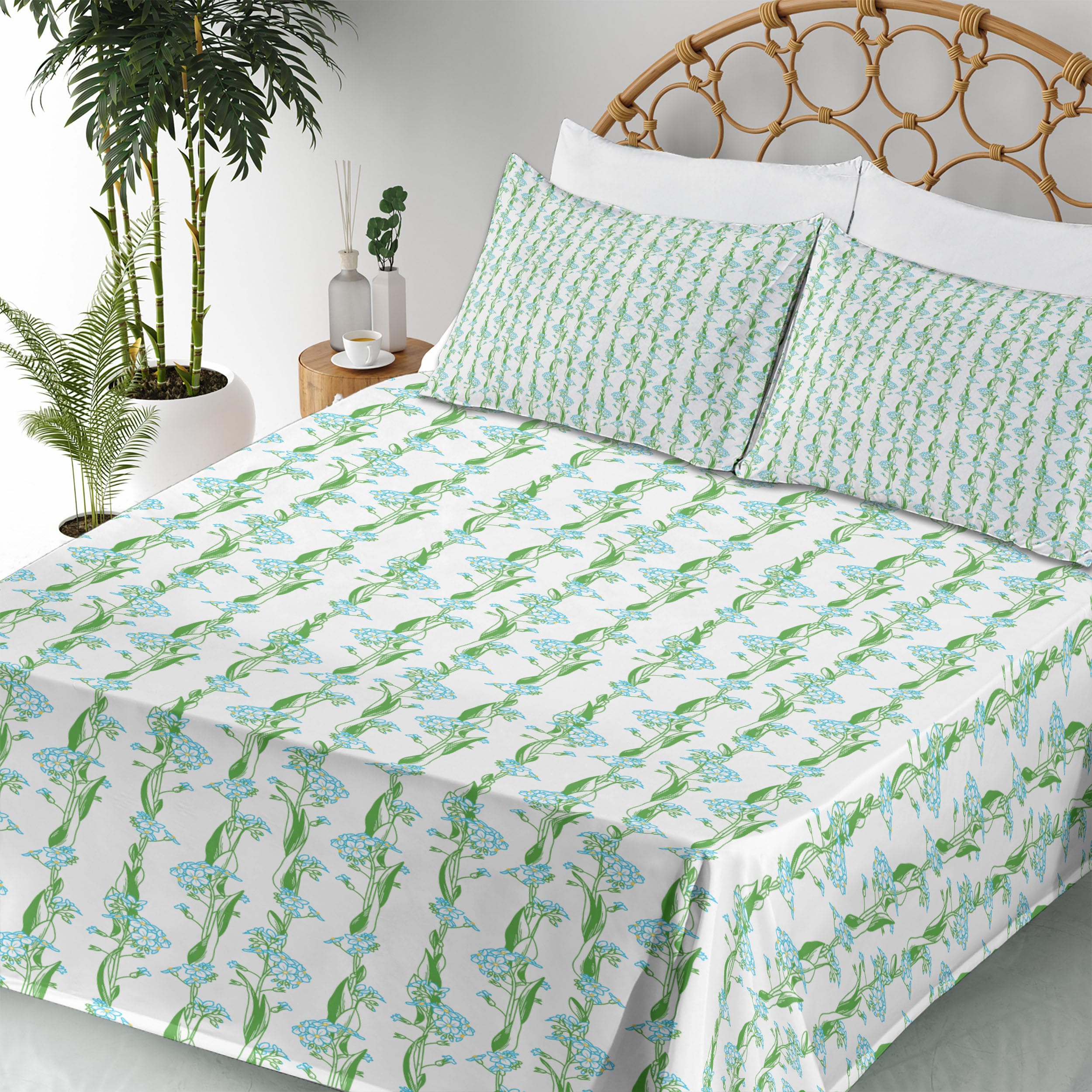Ambesonne Floral King Size 4-Piece Sheet Set - Vertical Flower Strips with Intertwined Leaves, Fern Green & Sky Blue - Fitted Sheet, Flat Sheet & 2 Pillowcases - Soft Bedding for Master Bedroom, Guest Room & Vacation Homes