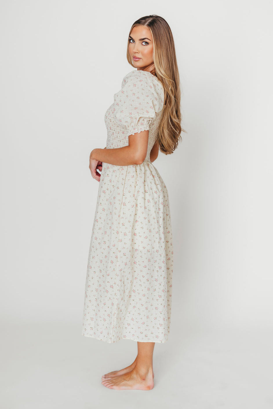 Kinsley Ditsy Floral Smocked Midi Dress - Women's Pink Floral Summer Dress with Elastic Waist, Perfect for Beach Vacations, Garden Parties & Date Nights