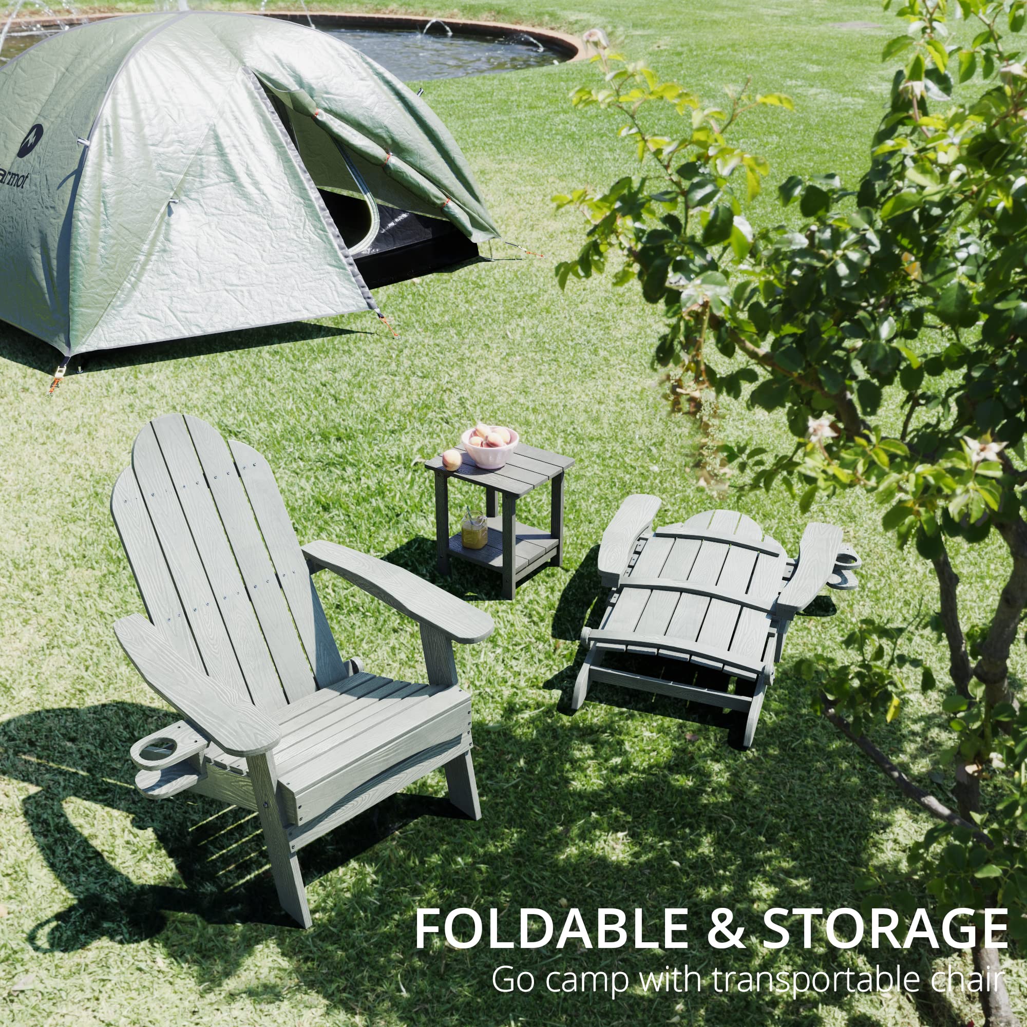 LUE BONA 6-Piece Folding Adirondack Chair Set - Gray HDPE Weather-Resistant Outdoor Patio Chairs with Cup Holder for Fire Pit, Backyard, Poolside & Garden Relaxation
