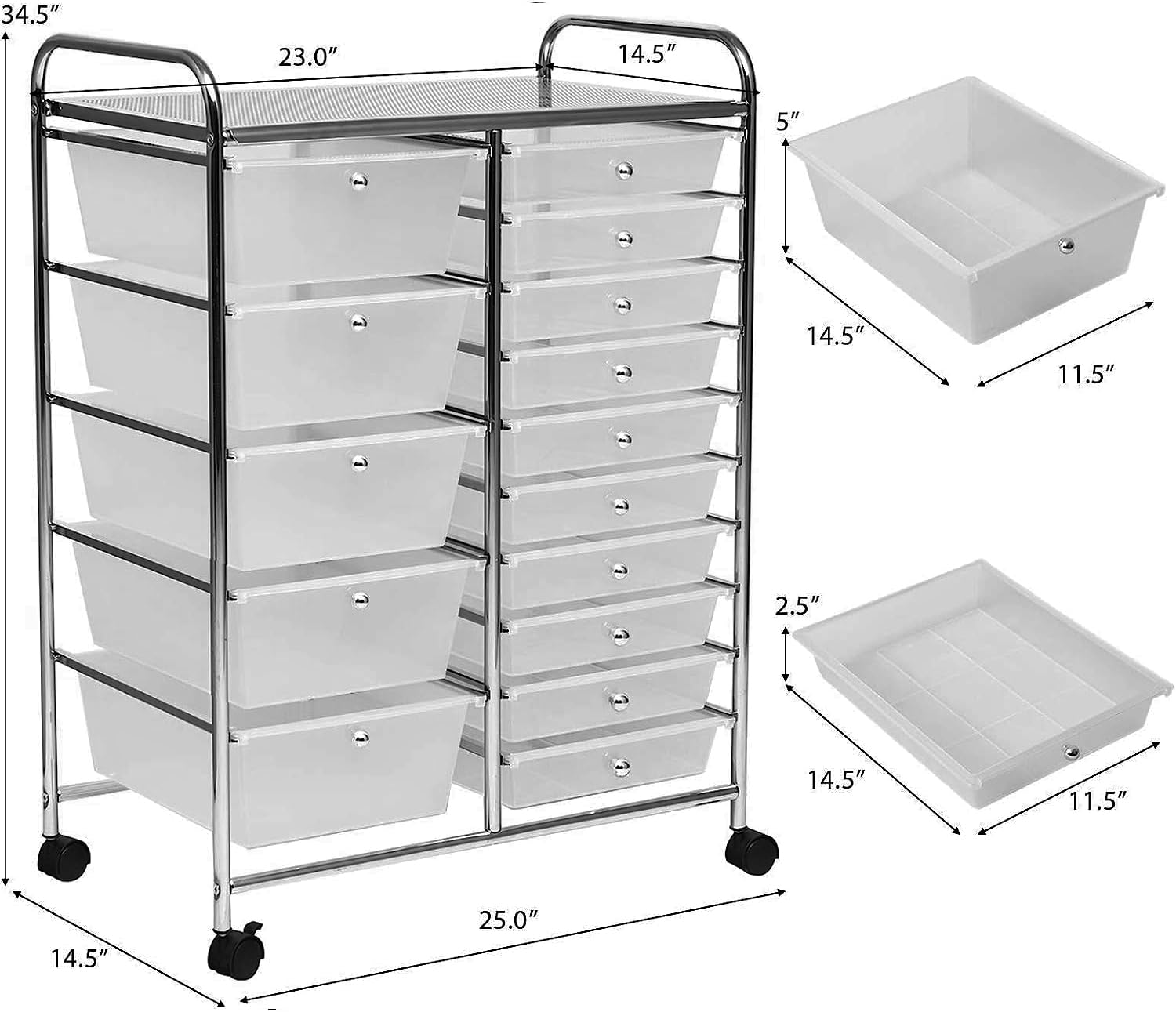 HAPPYGRILL 15-Drawer Rolling Storage Cart with Wheels - Mobile Organizer for Office, School & Home - Perfect for Tools, Paper & Supplies Storage