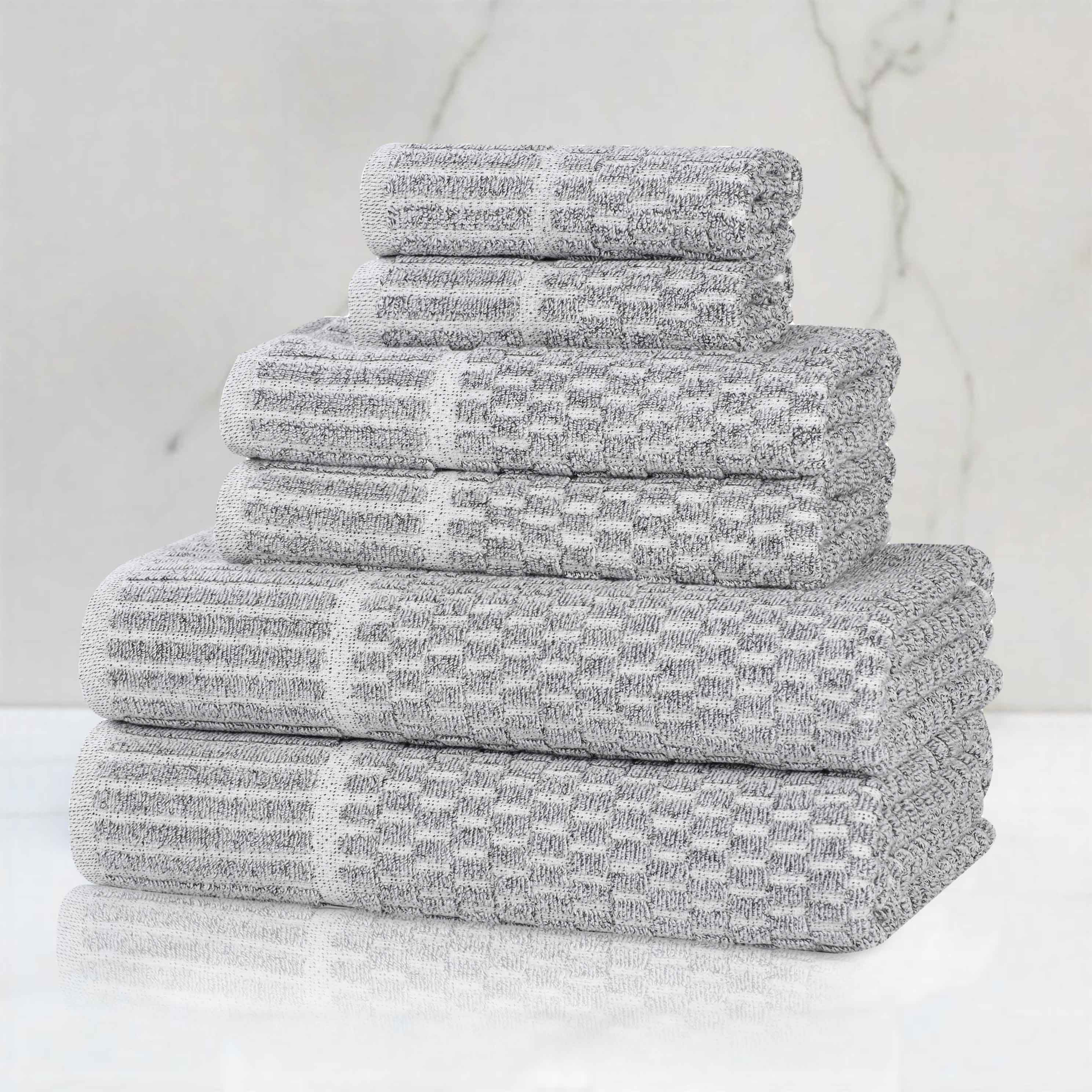 Premium 6-Piece Cotton Blend Checkered Border Towel Set - Medium Weight, Soft & Absorbent - Perfect for Bathroom, Kitchen & Guest Use
