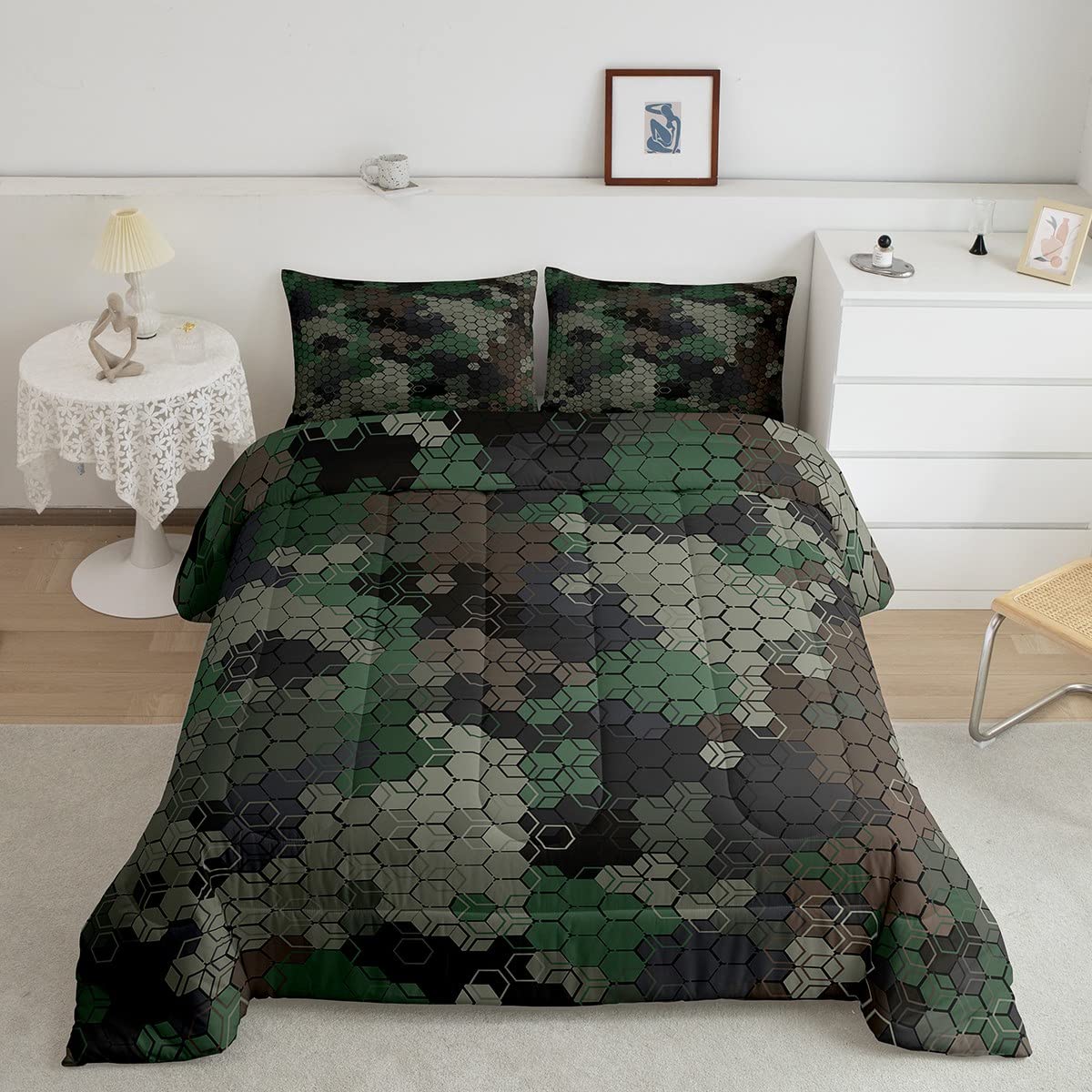 Army Camouflage Comforter Set Full Size - Honeycomb Camo Bedding for Teens, Adults, Kids - Green & Brown Geometric Duvet Cover with Pillowcases - Perfect for Boys & Girls Bedroom Decor, Camping Themed Rooms, and Military Style Home Design