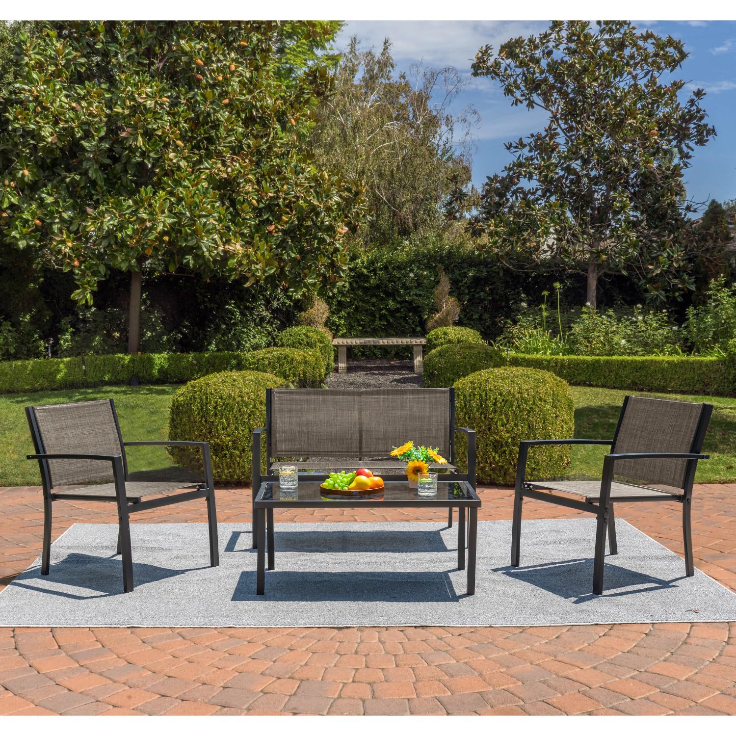 Devoko 4-Piece Outdoor Patio Furniture Set - Brown Wicker Garden Conversation Set with Tempered Glass Coffee Table for Poolside, Lawn, Porch & Backyard Relaxation