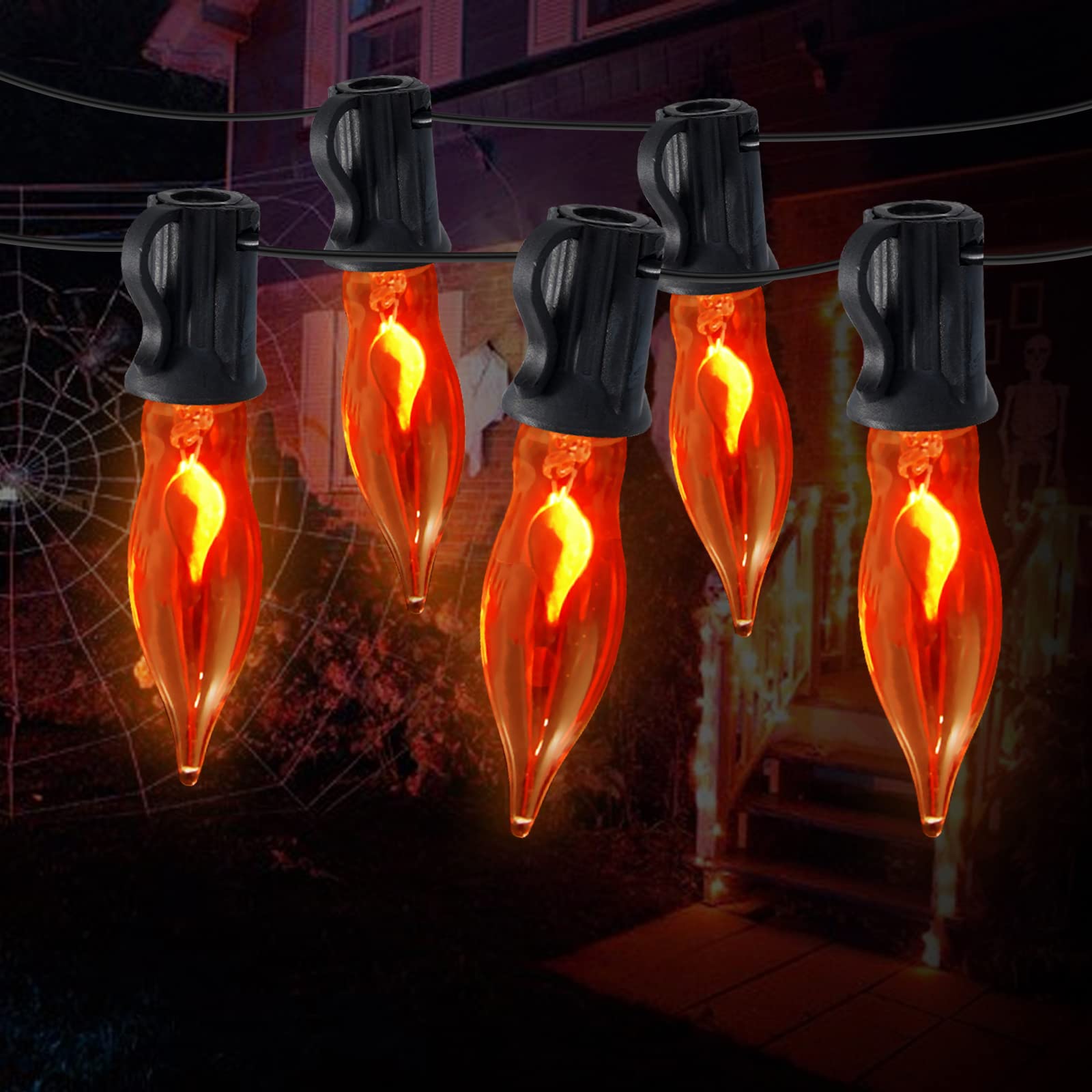 RECESKY 10Pcs Flickering Flame LED String Lights - 10Ft C18 Vintage Halloween Fairy Lights with Orange Flicker Effect - Indoor/Outdoor Decor for Halloween Party, Christmas, Wedding & Garden Lighting