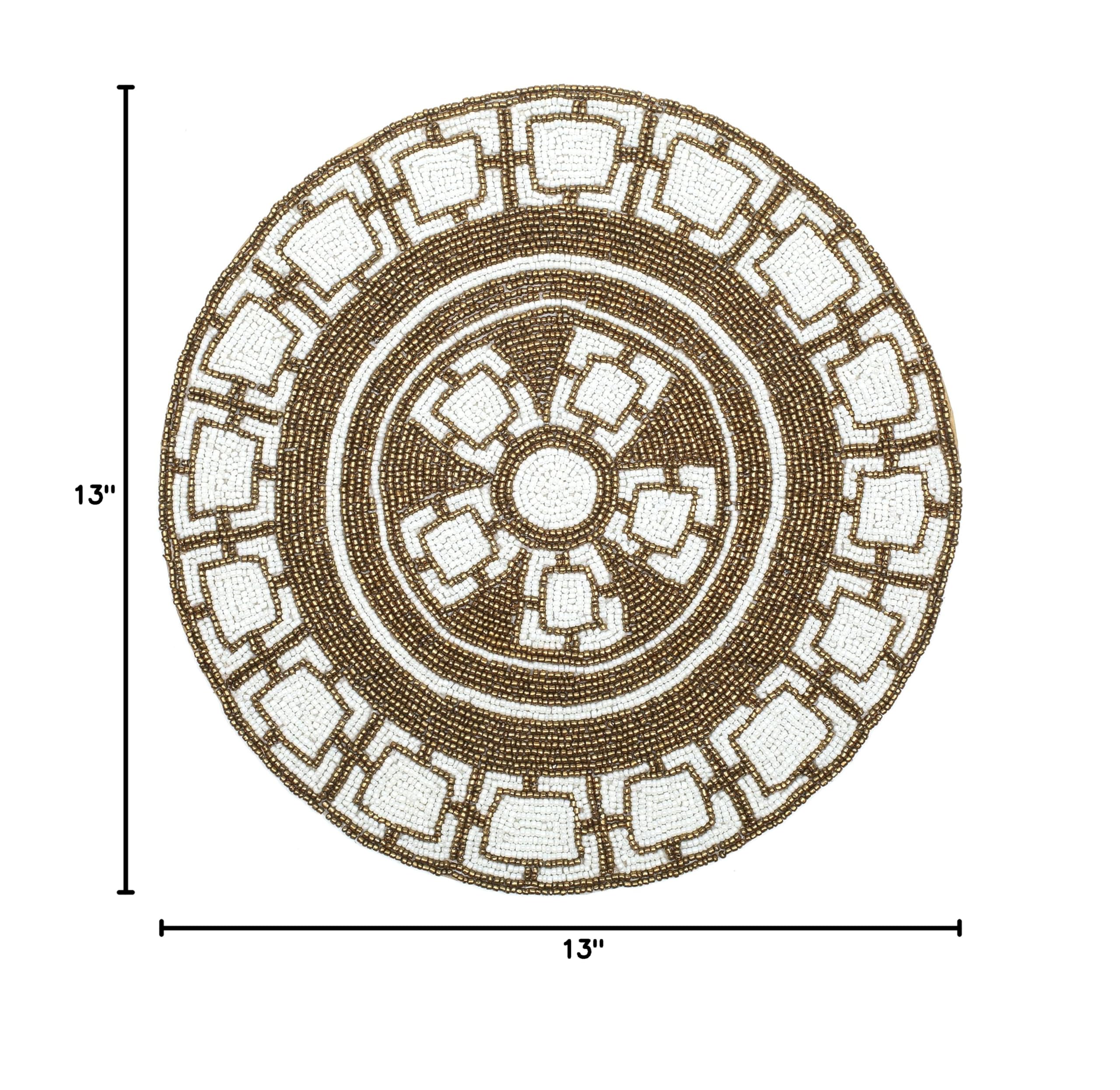 ALPHA Living HOME Handmade Beaded Round Placemat - 13 Inch Decorative Table Mat for Dining Table, Wedding Reception, Party Decor & Home Accents (Brown/White) | Perfect for Formal Dinners, Bridal Showers & Holiday Entertaining
