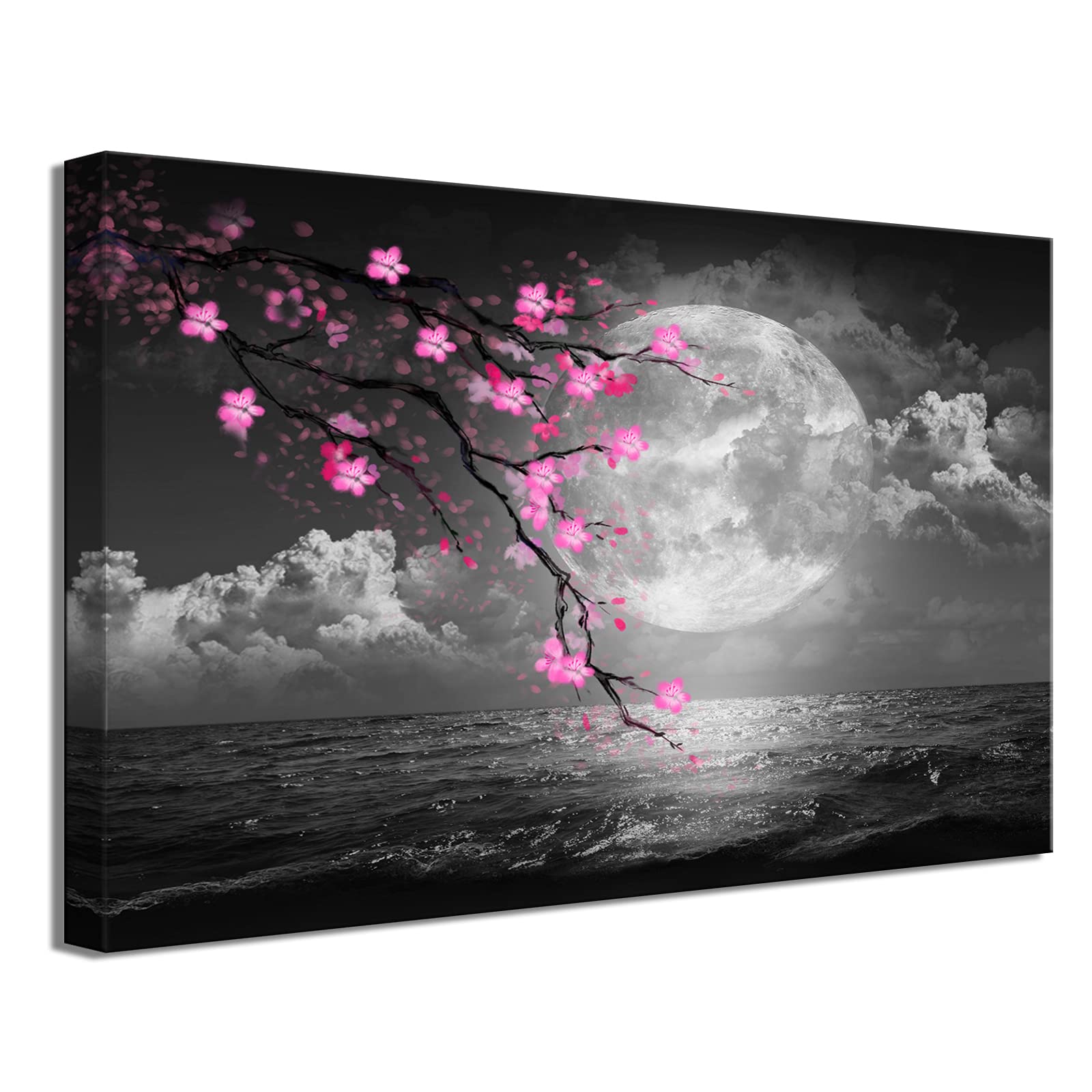 YUANAND Pink Plum Blossom Wall Art - Framed Canvas Prints for Bathroom, Corridor & Home Decor - Coastal Moon Painting for Living Room, Bedroom & Office