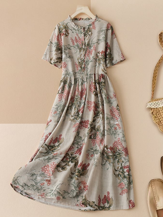 Lovevop Women's Cotton Linen Printed Artistic Slim Fit Dress - Elegant Summer Casual Wear for Beach, Party & Office