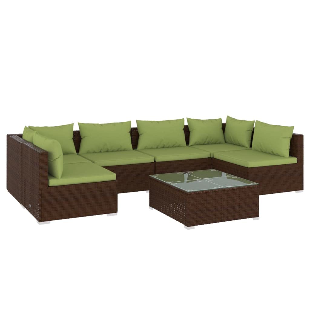 7-Piece Brown Poly Rattan Patio Lounge Set with Green Cushions - Weather-Resistant Outdoor Sectional Sofa - Modular Garden Furniture for Patio, Deck & Backyard Relaxation