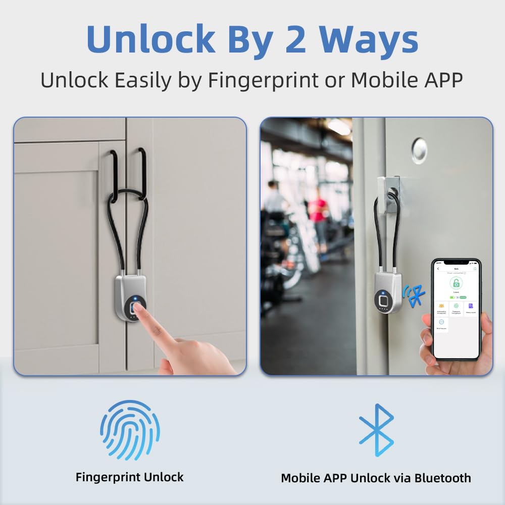 eLinkSmart Fingerprint Fridge Lock - Child Proof Cabinet Lock with Waterproof Design & 1000+ App Users - 38cm/6 Inch Steel Cable Padlock for French Door Refrigerator, Gym Locker, Cupboard & Luggage Security - Perfect for Home Safety, Child Protection & Travel Use