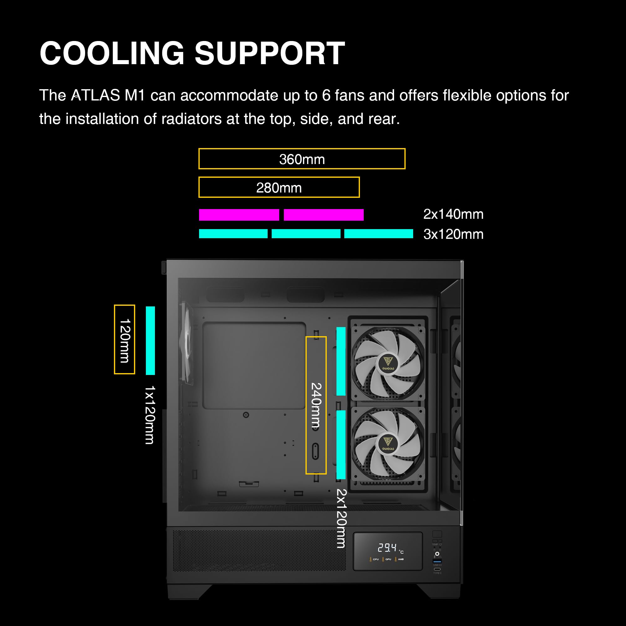 GAMDIAS Mid Tower ATX Gaming PC Case with Tempered Glass, Built-in 3x120mm ARGB PWM Fans, Supports RTX 4000 GPU & 360mm AIO - Perfect for High-Performance Gaming & Streaming Setups