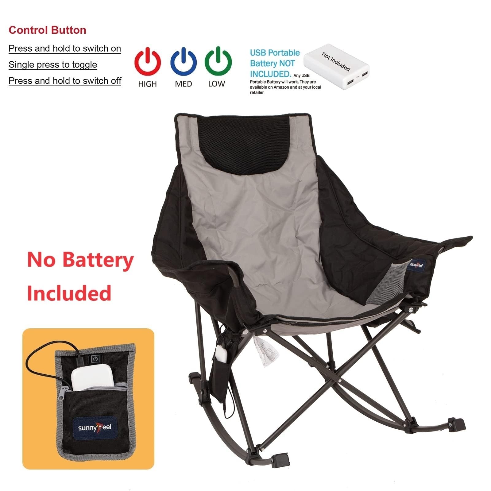 **SUNNYFEEL Heated Rocking Camping Chair - 500lbs Heavy Duty Folding Chair with Back & Seat Heating for Outdoor Sports, Patio, and Winter Camping - Fully Padded Portable Heated Rocker for Adults**    *(Perfect for camping, fishing, tailgating, backyard relaxation, and cold-weather outdoor activities!)*