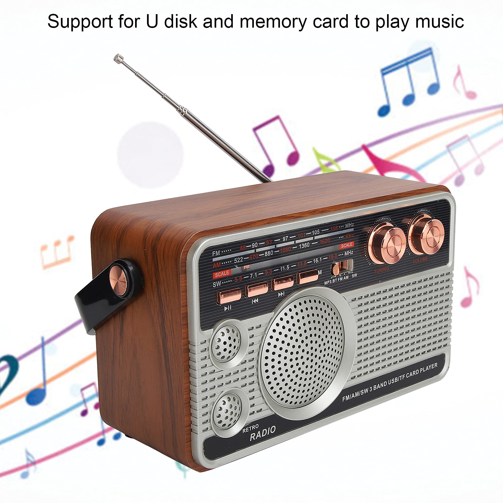 Portable FM/AM/SW Bluetooth Radio Speaker with USB Rechargeable Battery - Retro Style Wireless Radio for Home, Office, Travel | Supports USB/Memory Card Playback & Hands-Free Calling