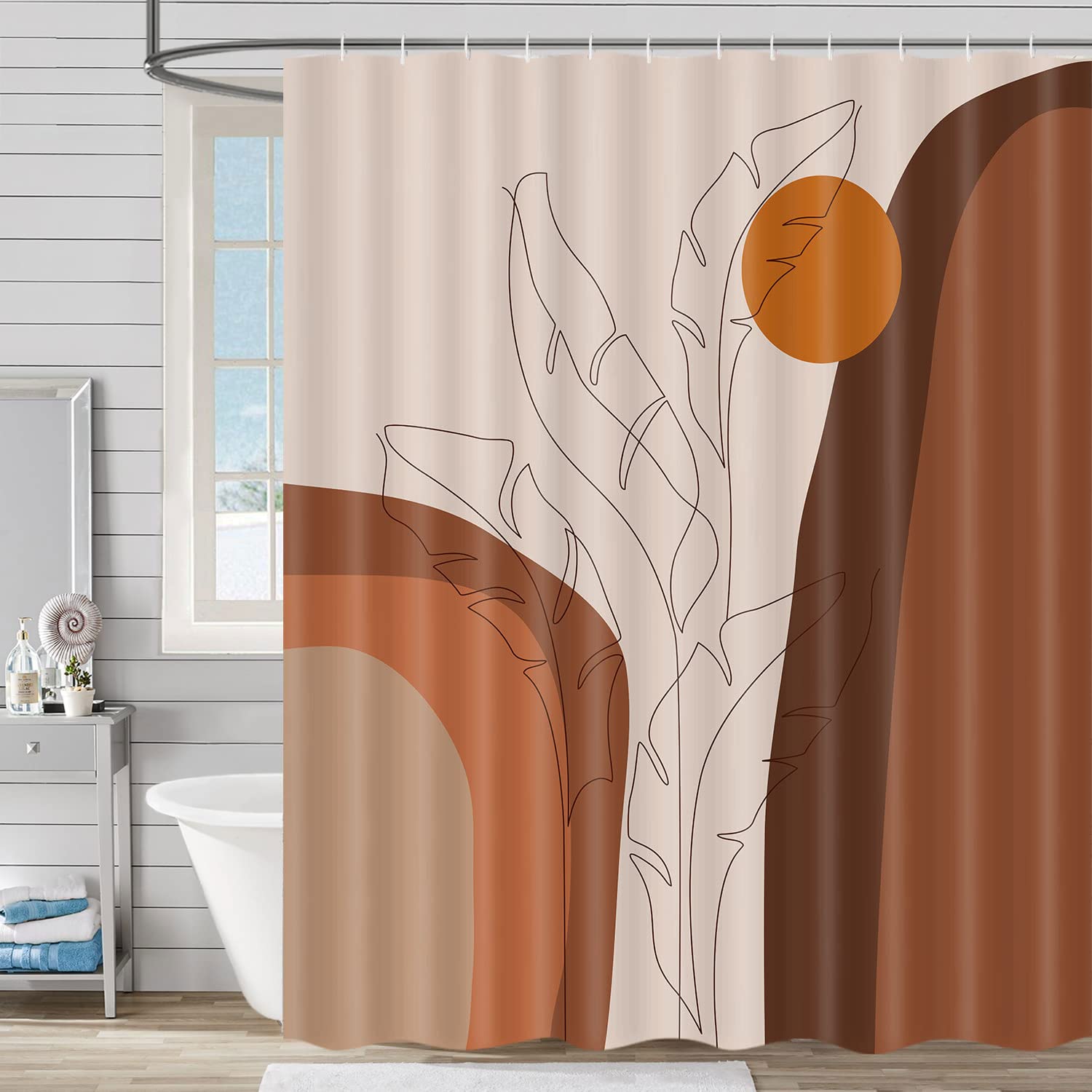 Boho Abstract Sun Rainbow Terracotta Fabric Shower Curtain - 69 x 70 Inch Mid Century Modern Bathroom Decor with Hooks | Tropical Leaves Design for Beach House, Spa & Boho Chic Bathrooms