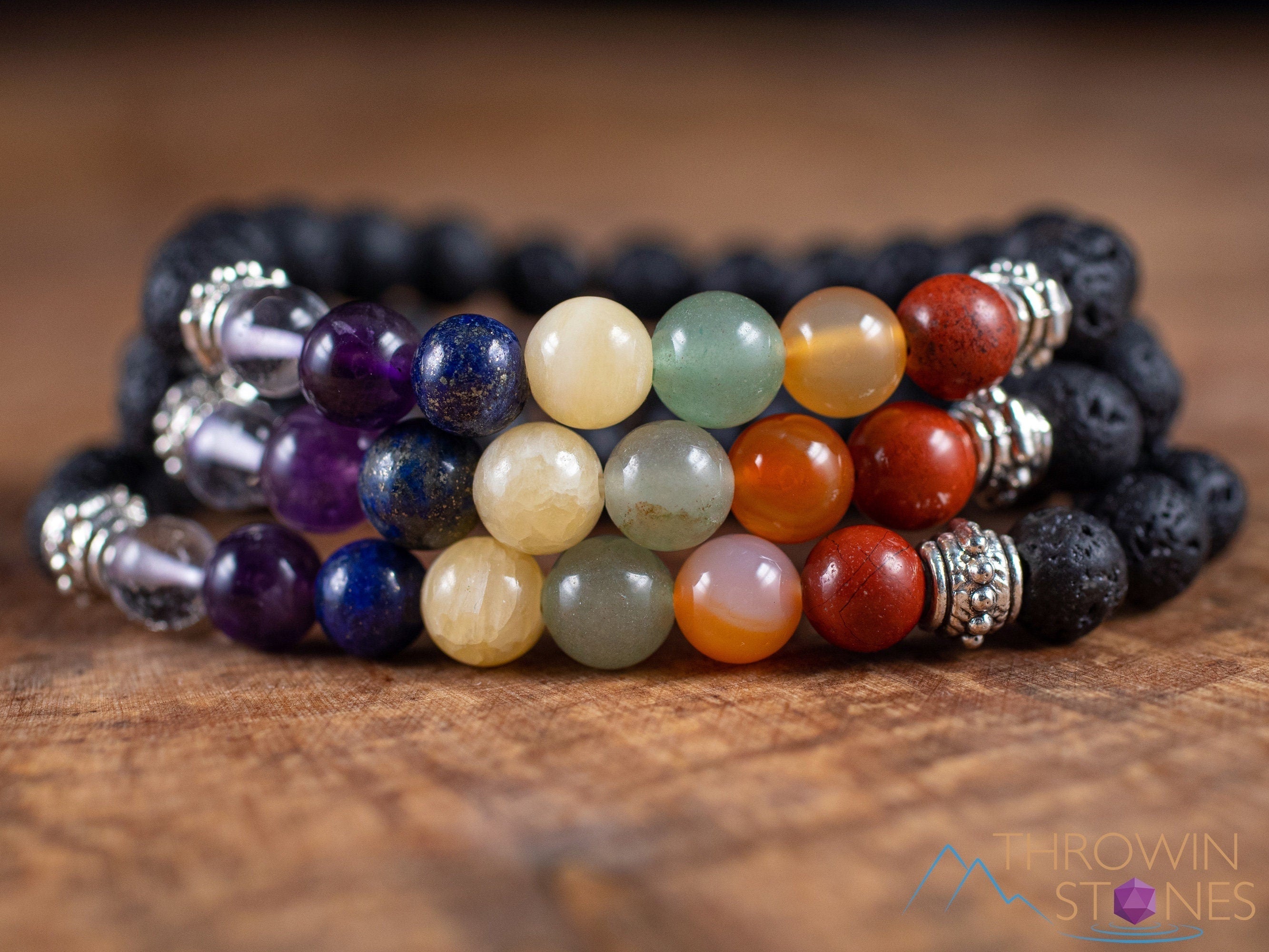 Chakra & Lava Rock Crystal Bracelet - Round Beads Aromatherapy Diffuser Bracelet, Handmade Healing Jewelry for Meditation, Yoga & Stress Relief (E1968)