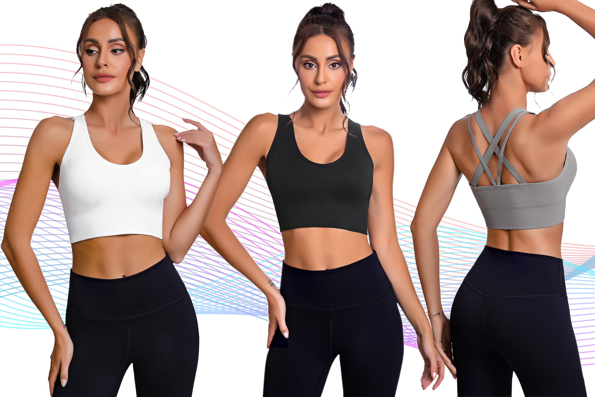 Sykooria Women's 3 Pack High Support Sports Bras - Cross Back Strappy Yoga Bra with Removable Pads for Running, Gym & Workout | Comfortable Fitness Wear for Active Lifestyles