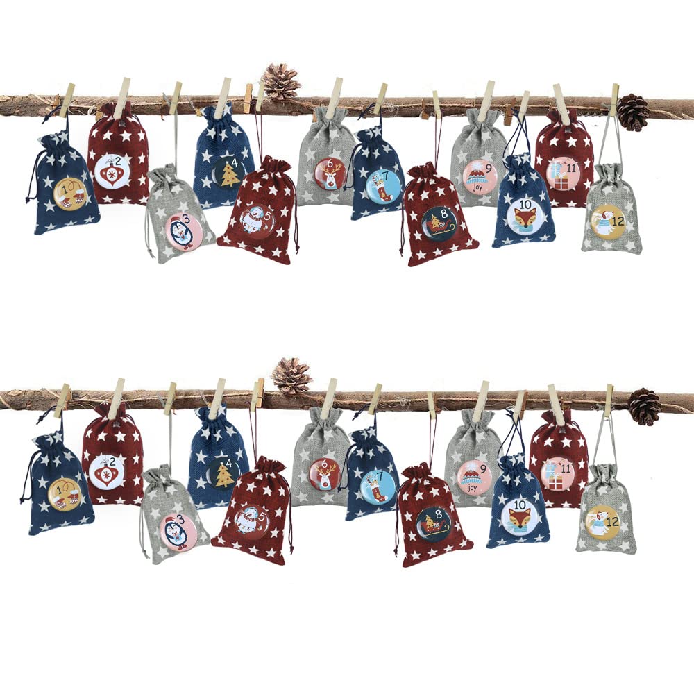 24-Piece Reusable Christmas Countdown Calendar Bags with Drawstring & Number Stickers - Flax Linen Gift Bags for Holiday Decorations, Advent Calendar & Festive Party Favors