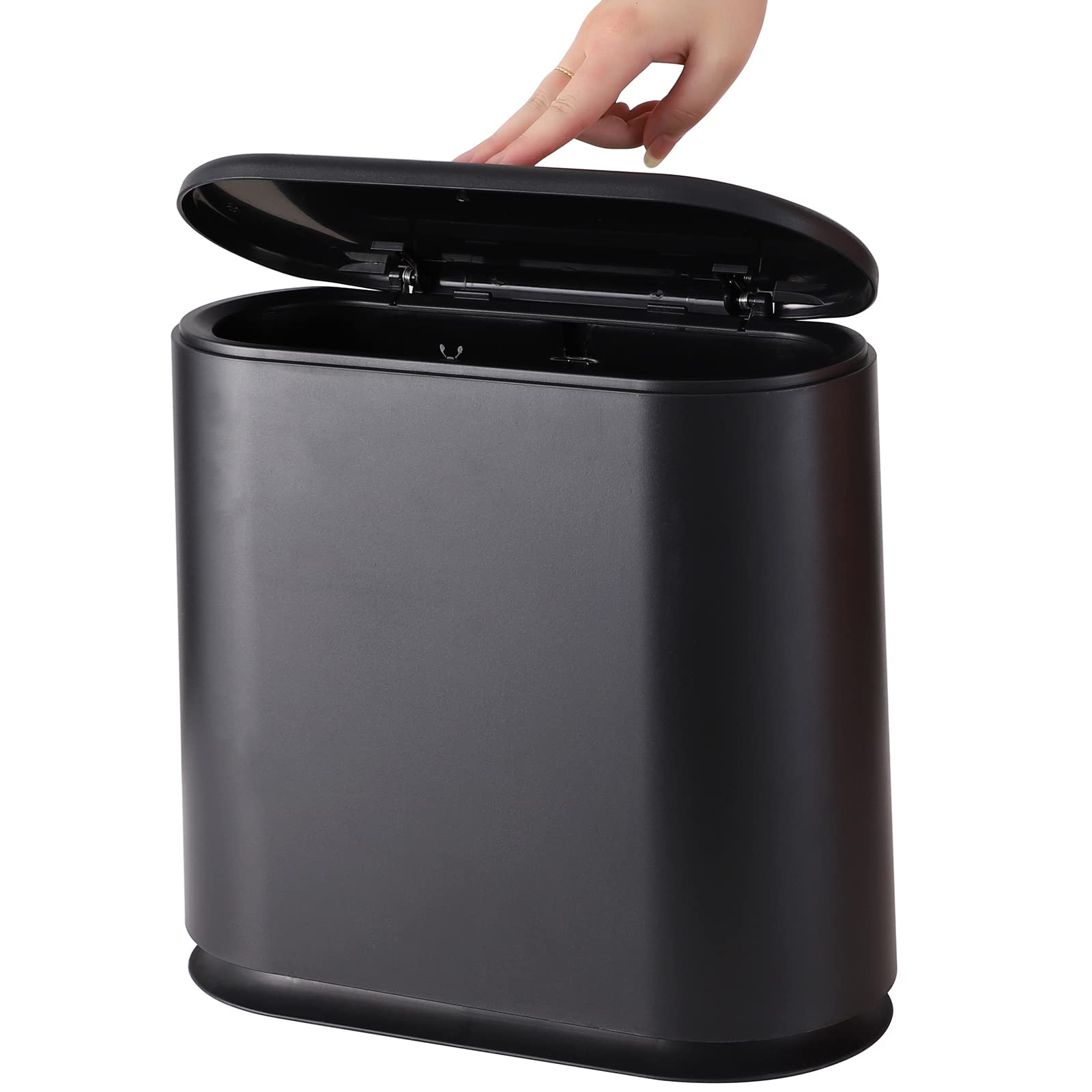 12L Press-Top Plastic Trash Can - 3.17 Gallon Narrow Bathroom Garbage Bin with Lid, Dog-Proof Design for Bedroom, Kitchen, Office & Dorm - Ideal for Small Spaces & Pet Owners (Black, Pack of 1)